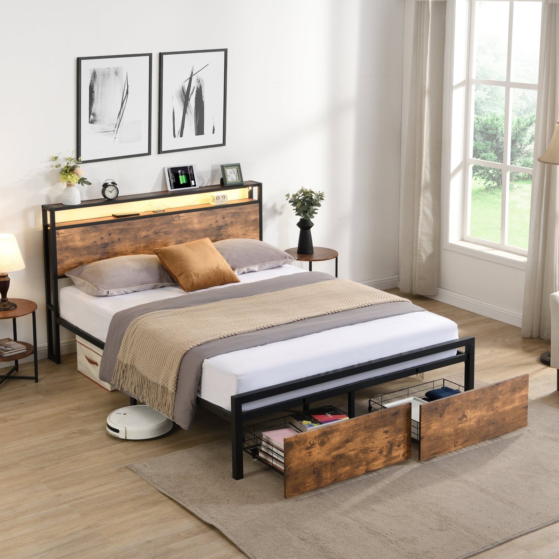 Full Size Bed Frame with Storage Headboard and 2 Drawers, LED Lights Bed (W1916126252) - Direct Wicker