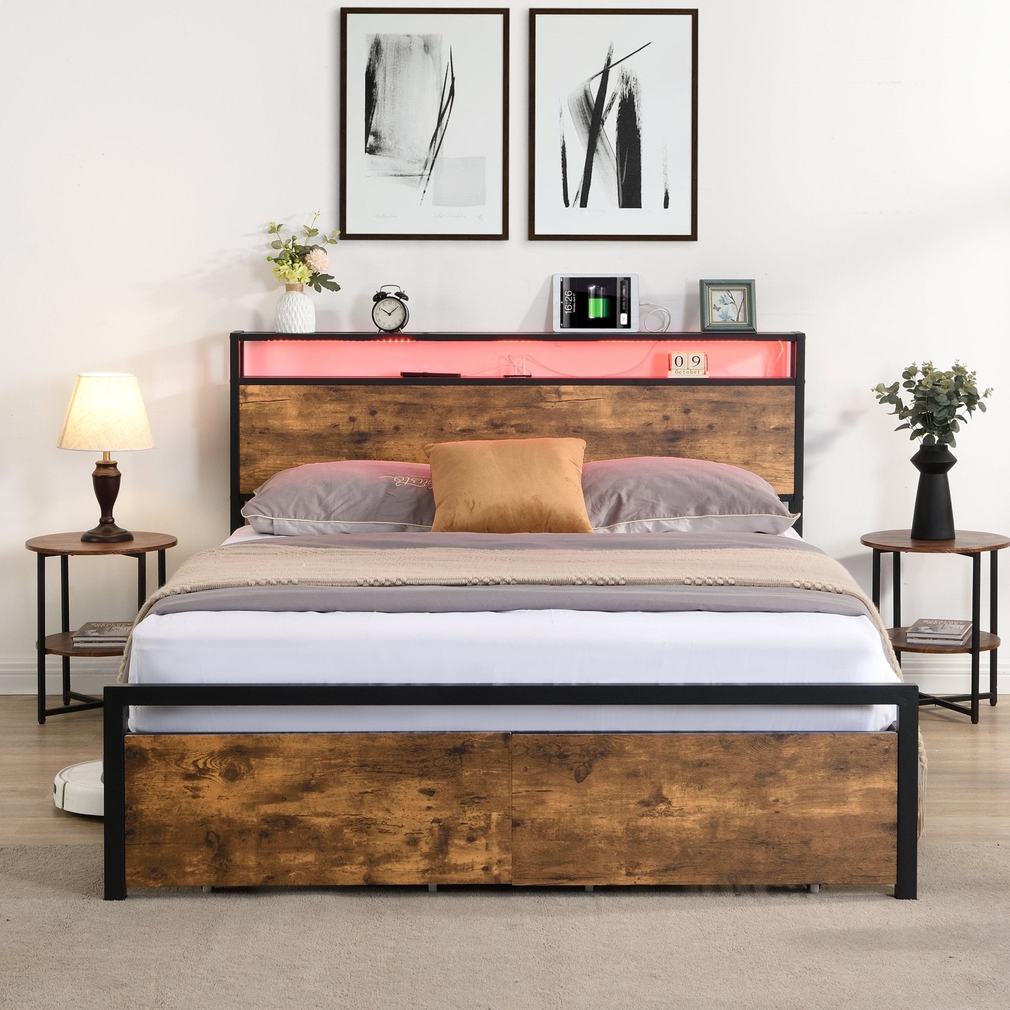 Full Size Bed Frame with Storage Headboard and 2 Drawers, LED Lights Bed (W1916126252) - Direct Wicker