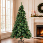 Full Unlit Artificial Christmas Tree with Red Berries, Pine Cones & Dense PVC Branches – 6.5 FT, 7.5 FT & 8.5 FT (PAT-012) - Direct Wicker