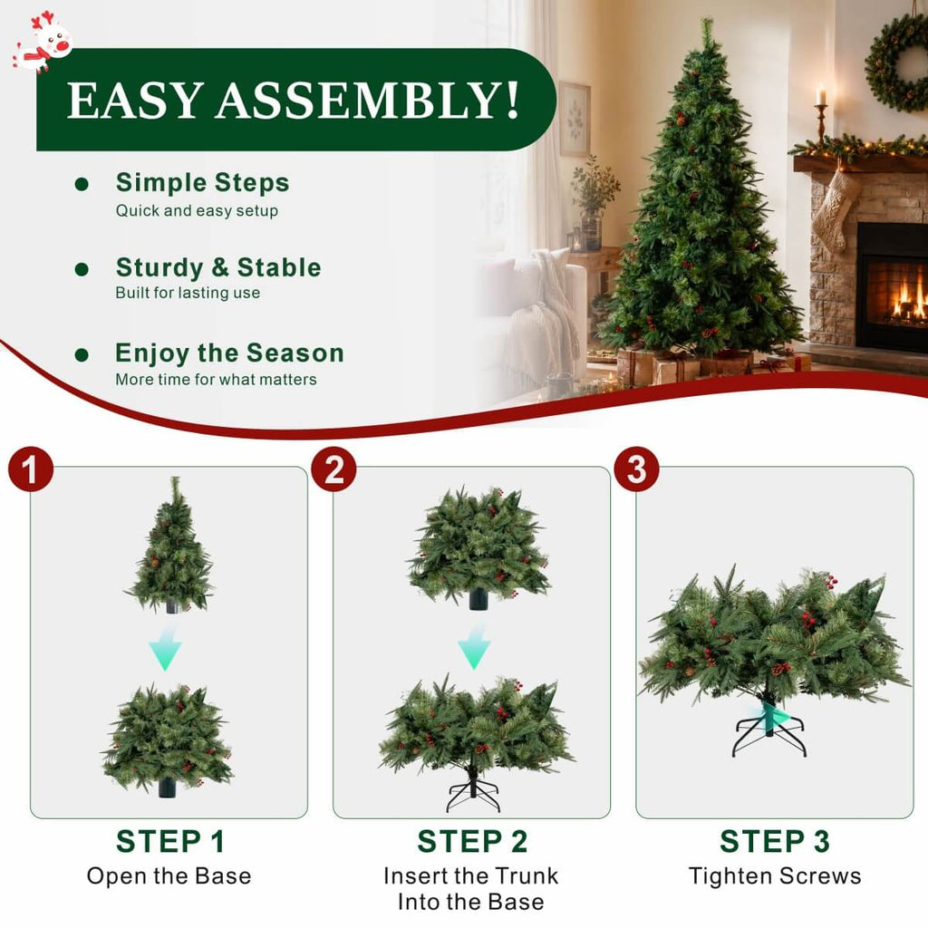 Full Unlit Artificial Christmas Tree with Red Berries, Pine Cones & Dense PVC Branches – 6.5 FT, 7.5 FT & 8.5 FT (PAT-012) - Direct Wicker