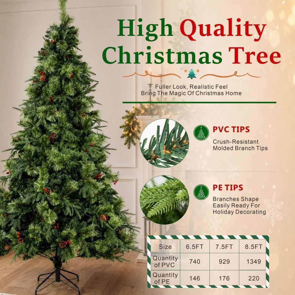Full Unlit Artificial Christmas Tree with Red Berries, Pine Cones & Dense PVC Branches – 6.5 FT, 7.5 FT & 8.5 FT (PAT-012) - Direct Wicker