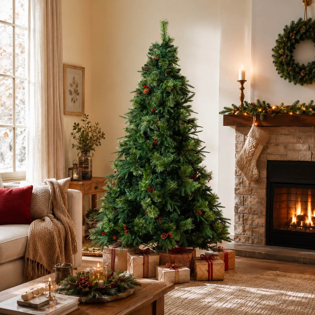 Full Unlit Artificial Christmas Tree with Red Berries, Pine Cones & Dense PVC Branches – 6.5 FT, 7.5 FT & 8.5 FT (PAT-012) - Direct Wicker