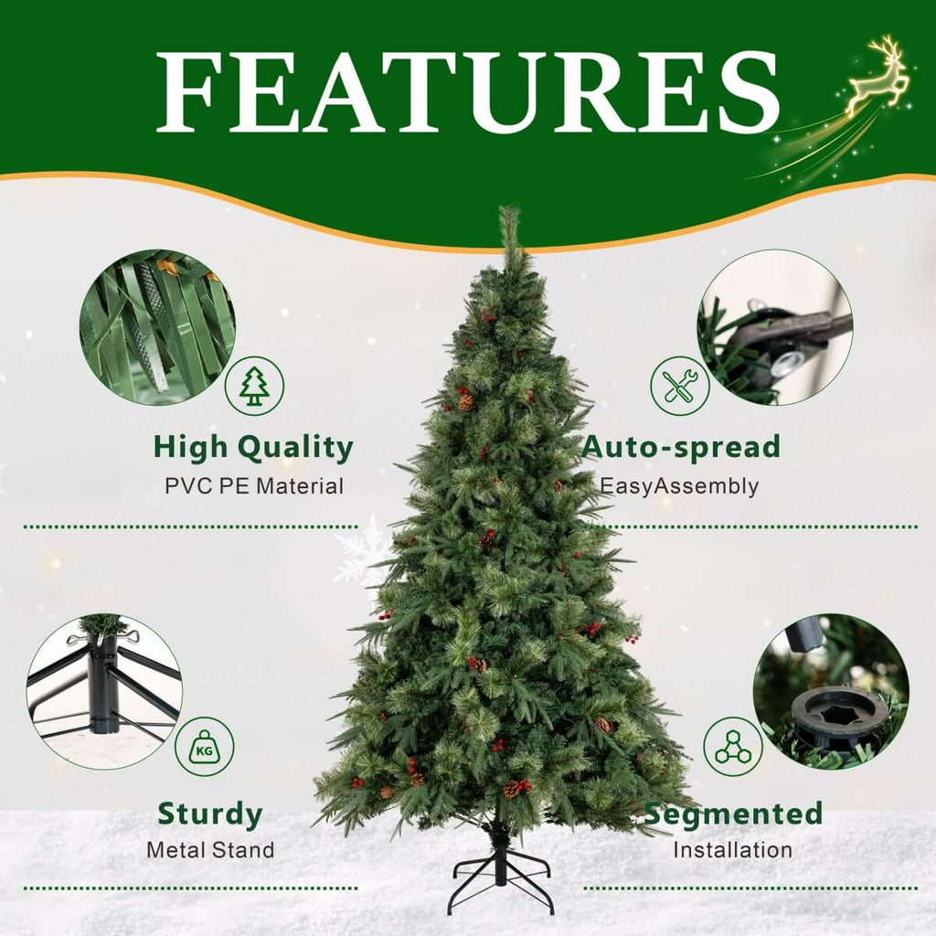 Full Unlit Artificial Christmas Tree with Red Berries, Pine Cones & Dense PVC Branches – 6.5 FT, 7.5 FT & 8.5 FT (PAT-012) - Direct Wicker