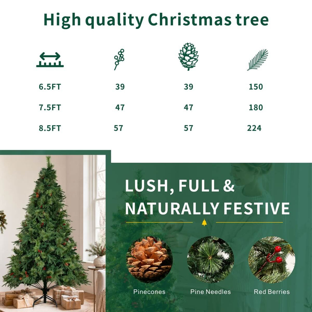 Full Unlit Artificial Christmas Tree with Red Berries, Pine Cones & Dense PVC Branches – 6.5 FT, 7.5 FT & 8.5 FT (PAT-012) - Direct Wicker