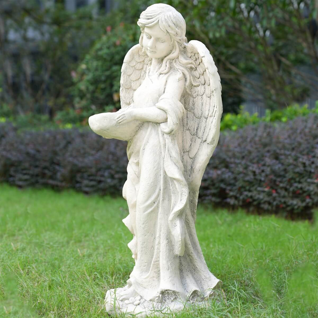 Graceful Angel Holding Flower Bowl Magnesium Oxide Garden Sculpture (GS-24942A-CL-WLX) - Direct Wicker