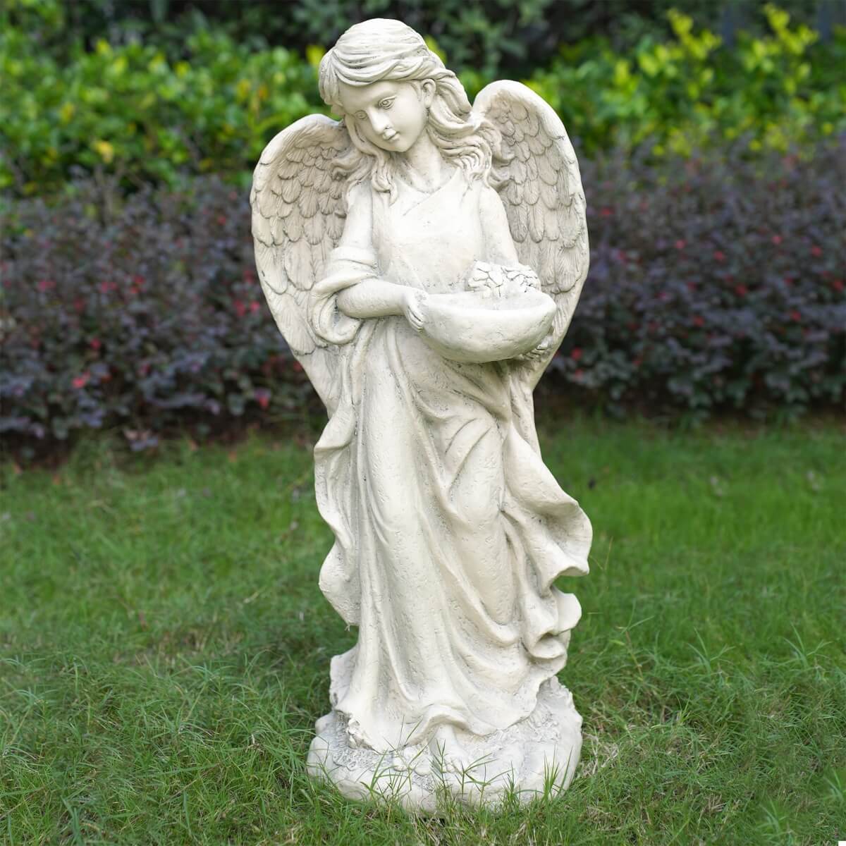 Graceful Angel Holding Flower Bowl Magnesium Oxide Garden Sculpture (GS-24942A-CL-WLX) - Direct Wicker