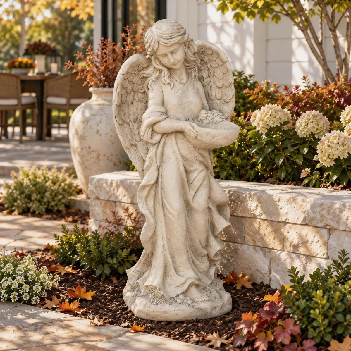 Graceful Angel Holding Flower Bowl Magnesium Oxide Garden Sculpture (GS-24942A-CL-WLX) - Direct Wicker