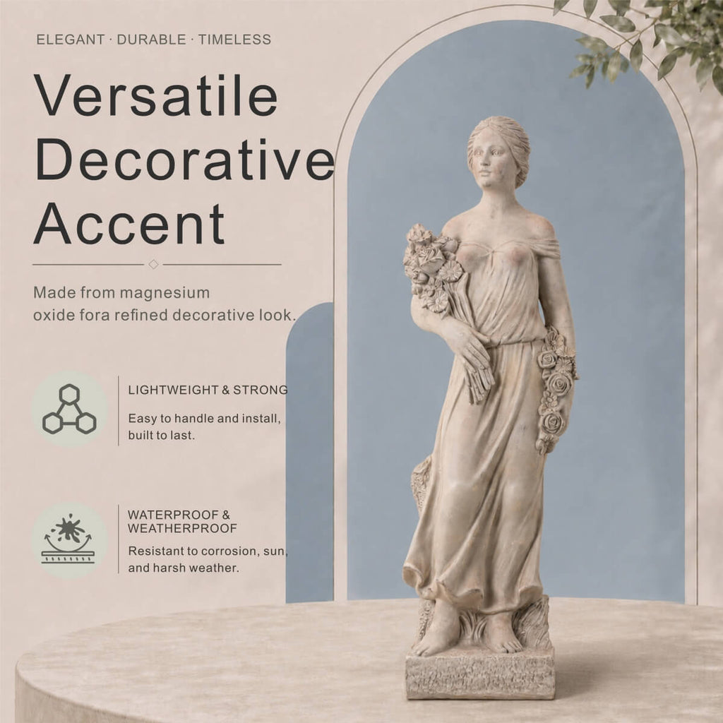 Grand Classical Maiden Holding Roses Magnesium Oxide Garden Statue (GS-2649-GR-CY) - Direct Wicker