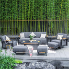 Gray Aluminum Outdoor Sofa Set with Teak Inlay Armrests - Direct Wicker