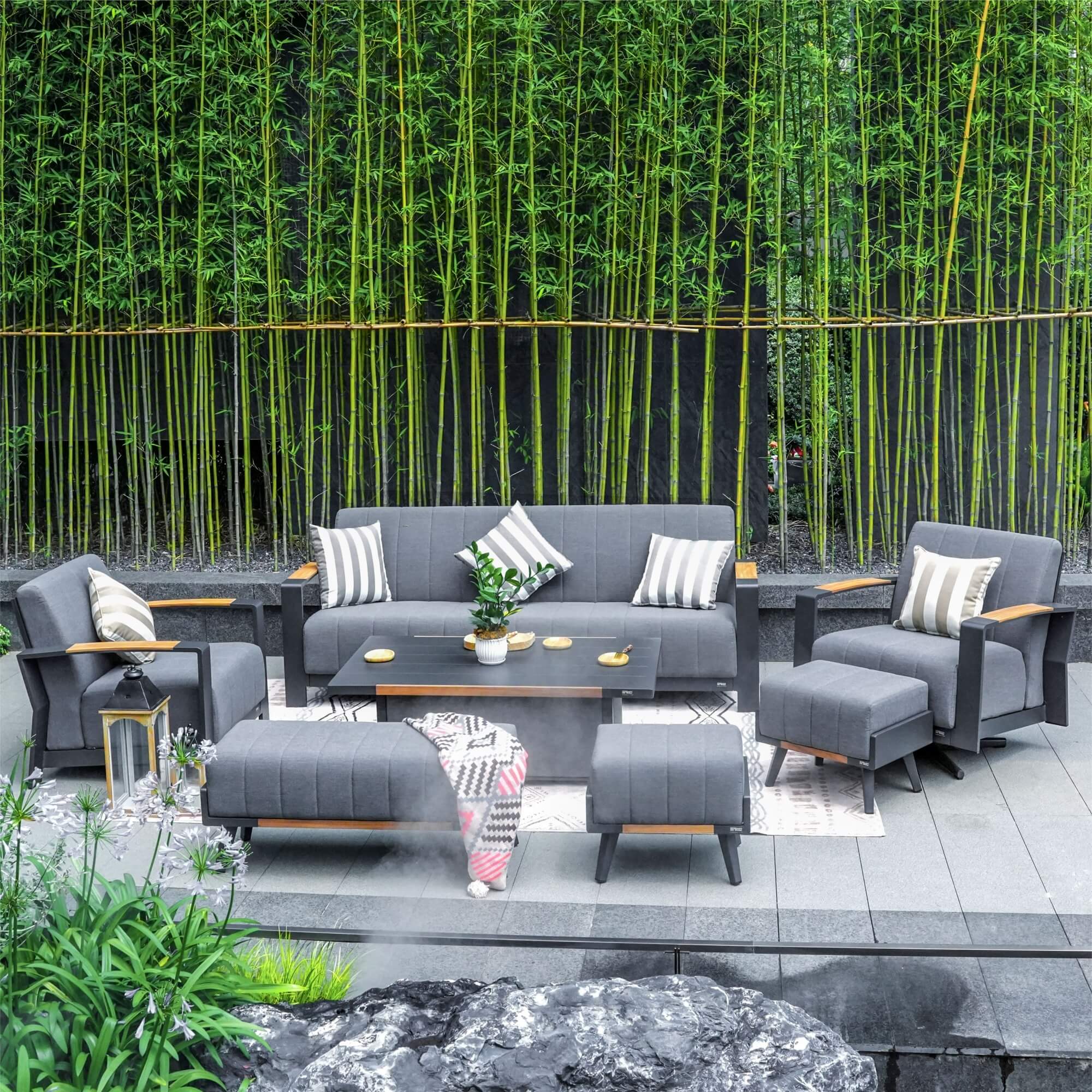 Gray Aluminum Outdoor Sofa Set with Teak Inlay Armrests - Direct Wicker