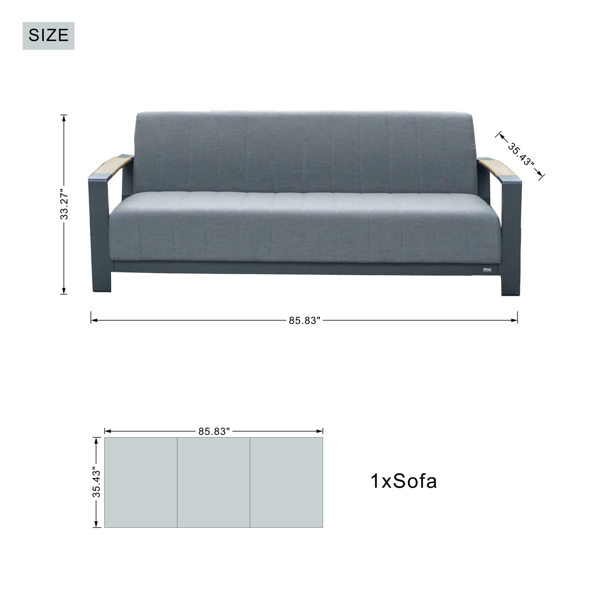Gray Aluminum Outdoor Sofa Set with Teak Inlay Armrests - Direct Wicker