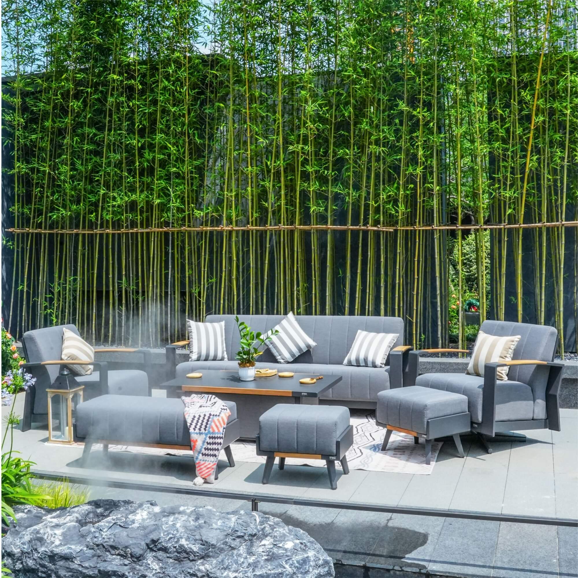 Gray Aluminum Outdoor Sofa Set with Teak Inlay Armrests - Direct Wicker