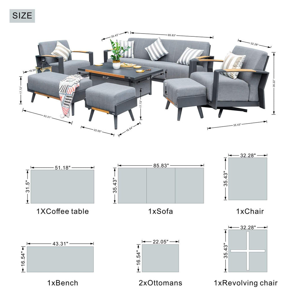 Gray Aluminum Outdoor Sofa Set with Teak Inlay Armrests - Direct Wicker