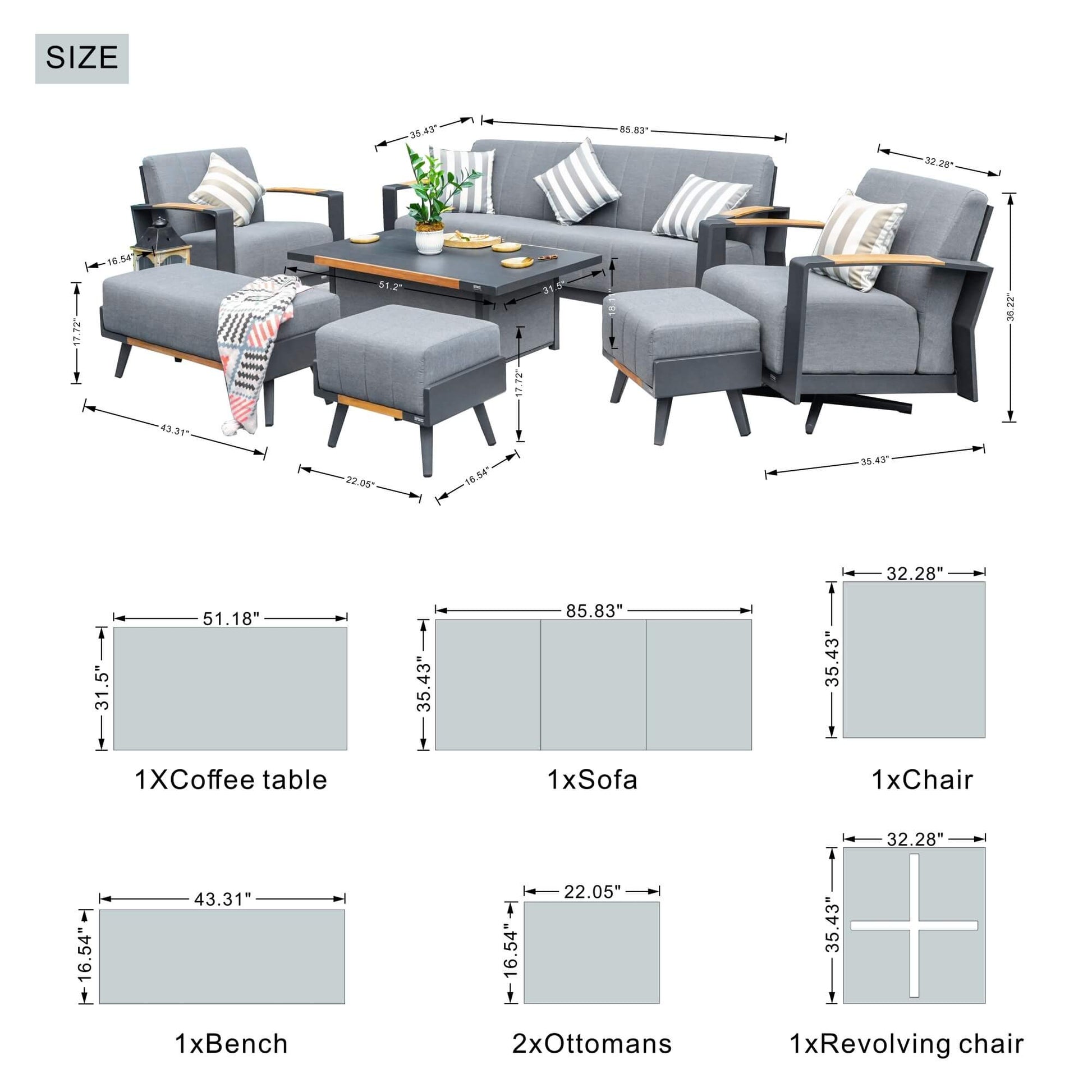 Gray Aluminum Outdoor Sofa Set with Teak Inlay Armrests - Direct Wicker