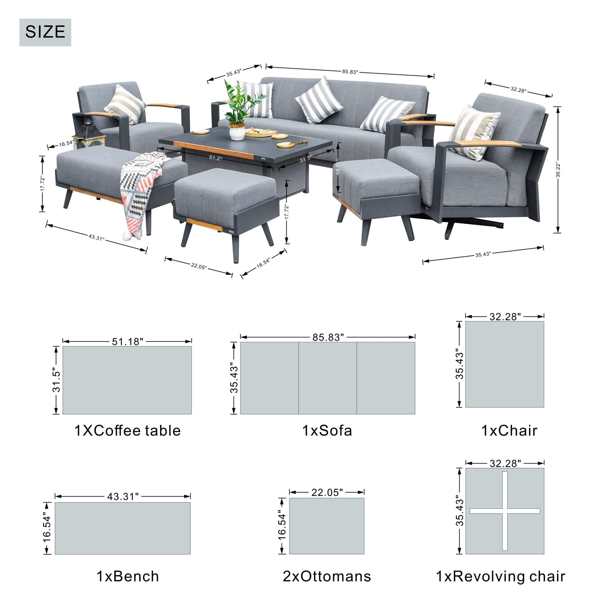 Gray Aluminum Outdoor Sofa Set with Teak Inlay Armrests - Direct Wicker