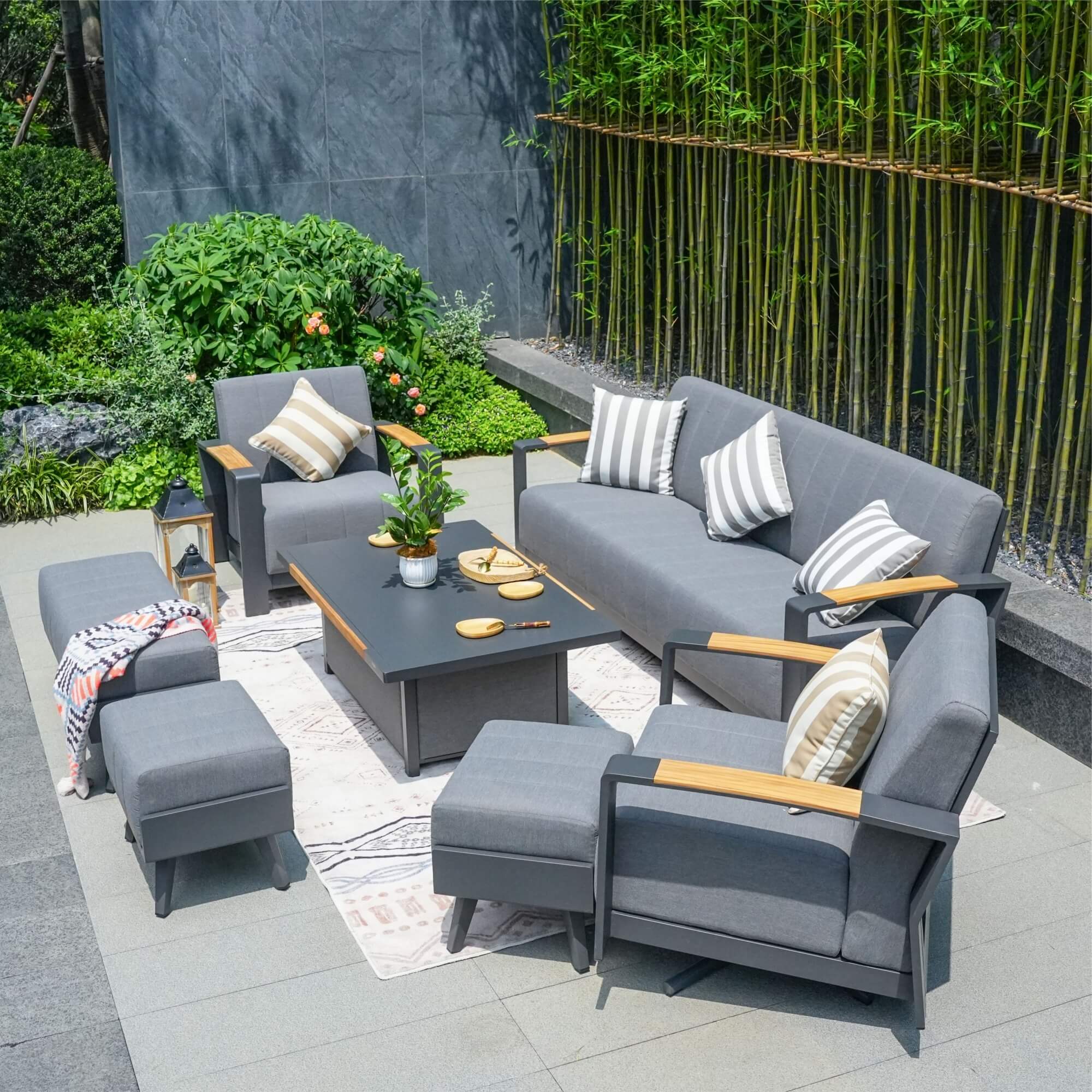 Gray Aluminum Outdoor Sofa Set with Teak Inlay Armrests - Direct Wicker