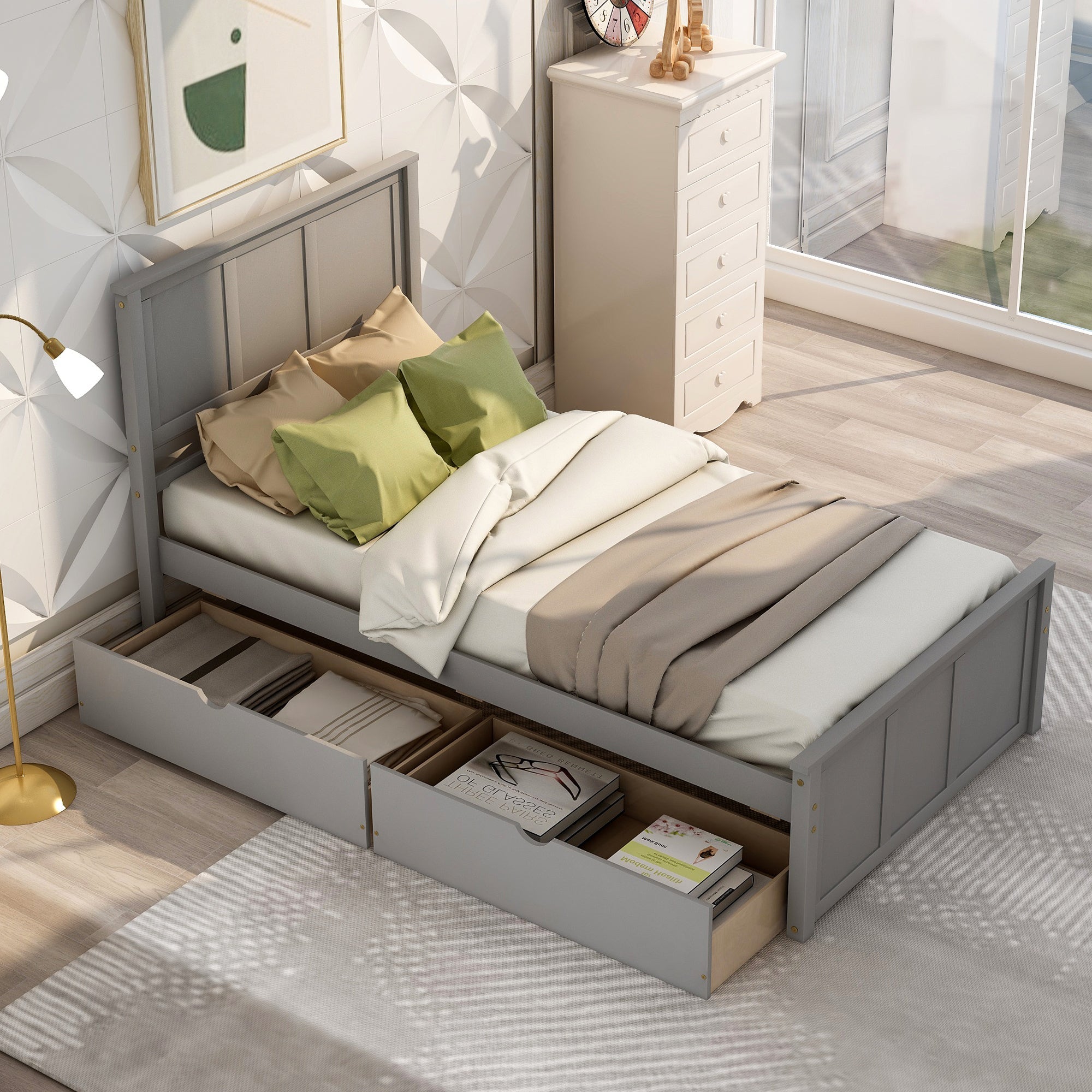Gray Platform Storage Bed with 2 Wheels - Drawers, Twin Size Frame (WF194472AAE) - Direct Wicker