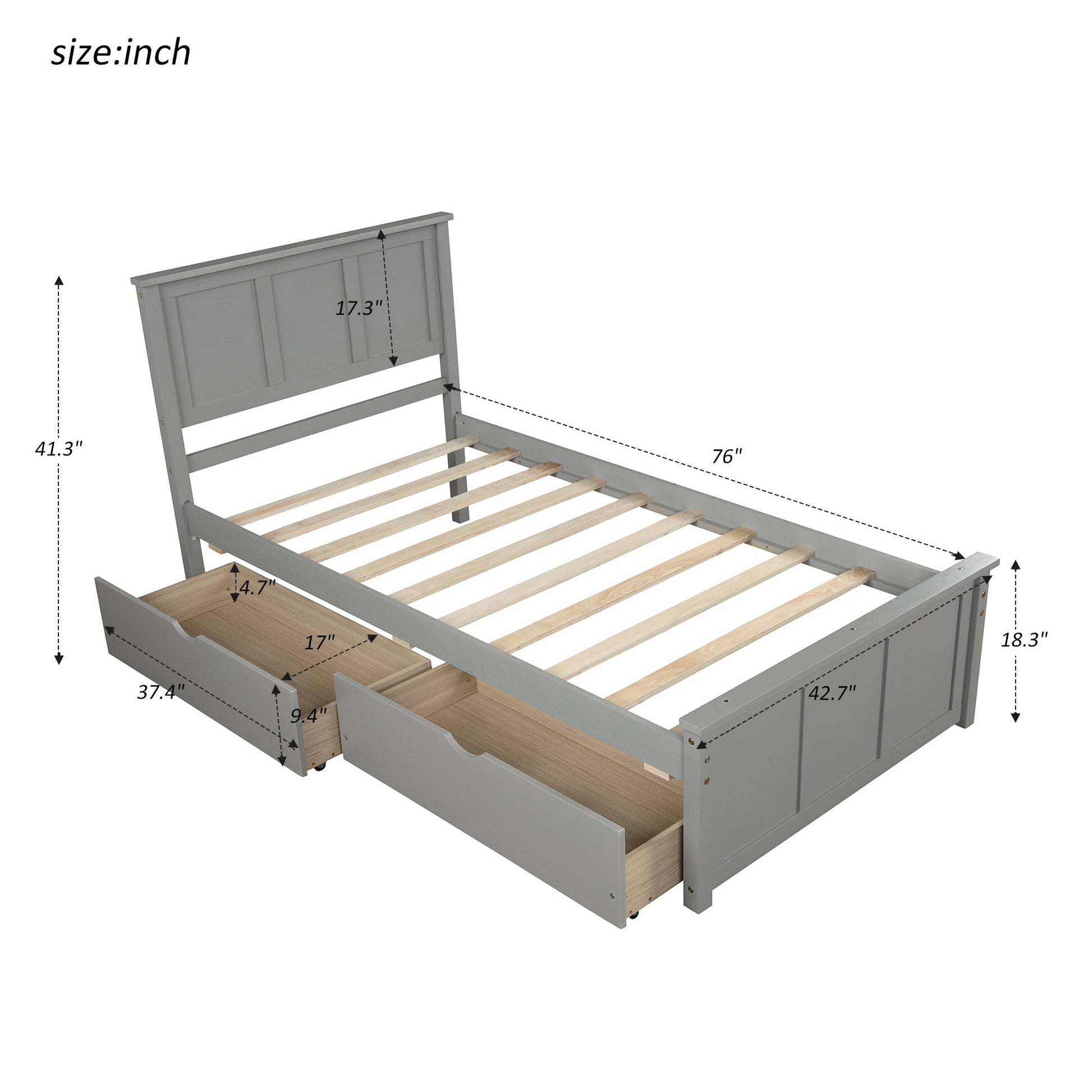 Gray Platform Storage Bed with 2 Wheels - Drawers, Twin Size Frame (WF194472AAE) - Direct Wicker