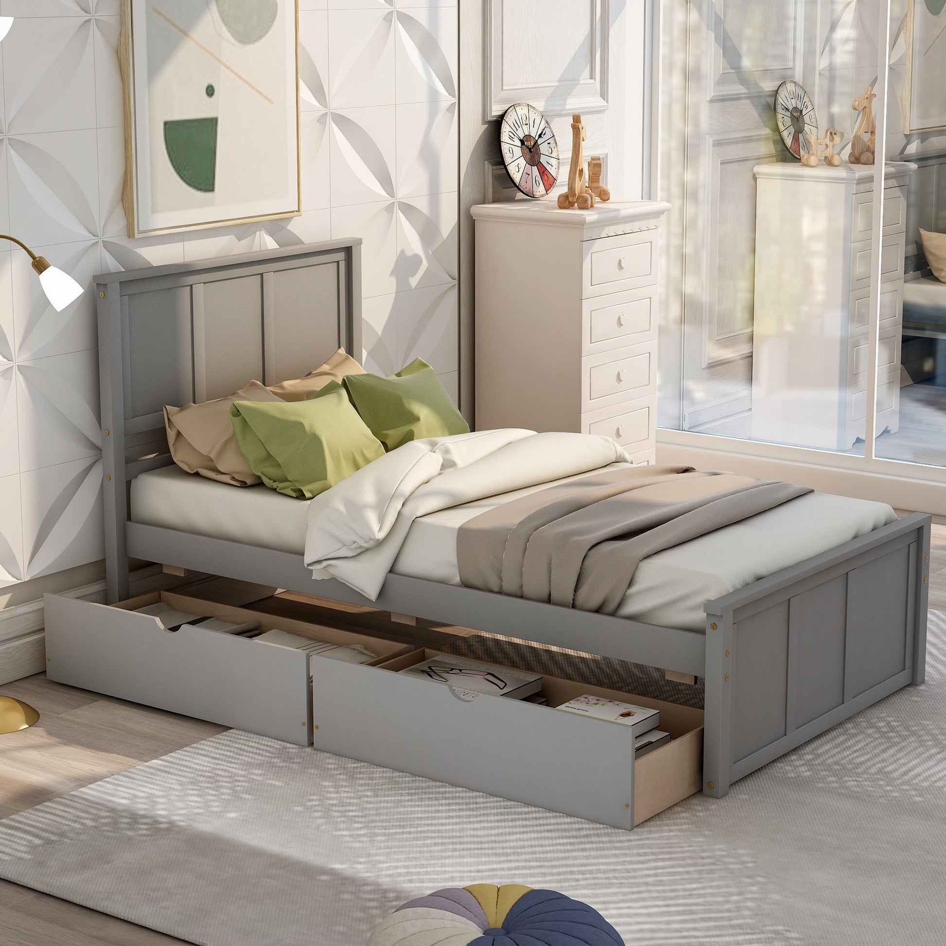 Gray Platform Storage Bed with 2 Wheels - Drawers, Twin Size Frame (WF194472AAE) - Direct Wicker