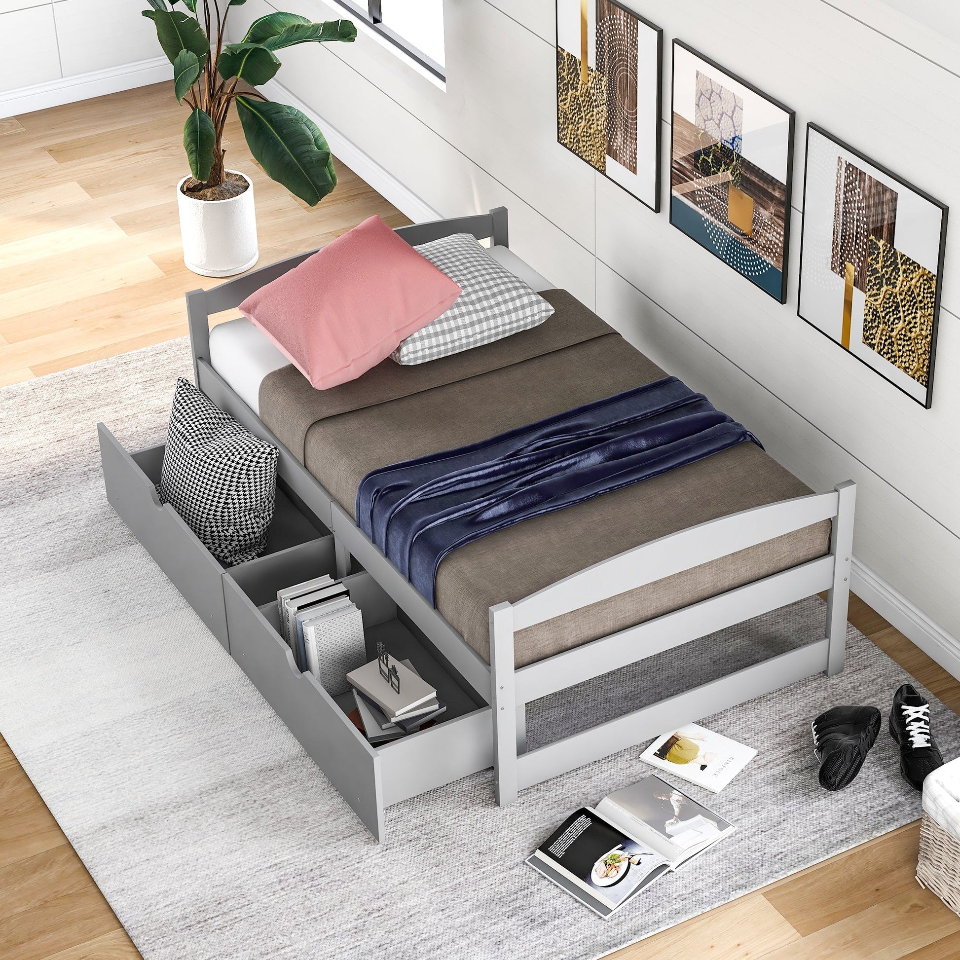 Gray Solid Wood Twin Size Platform Bed with Two Drawers (WF195910AAE) - Direct Wicker