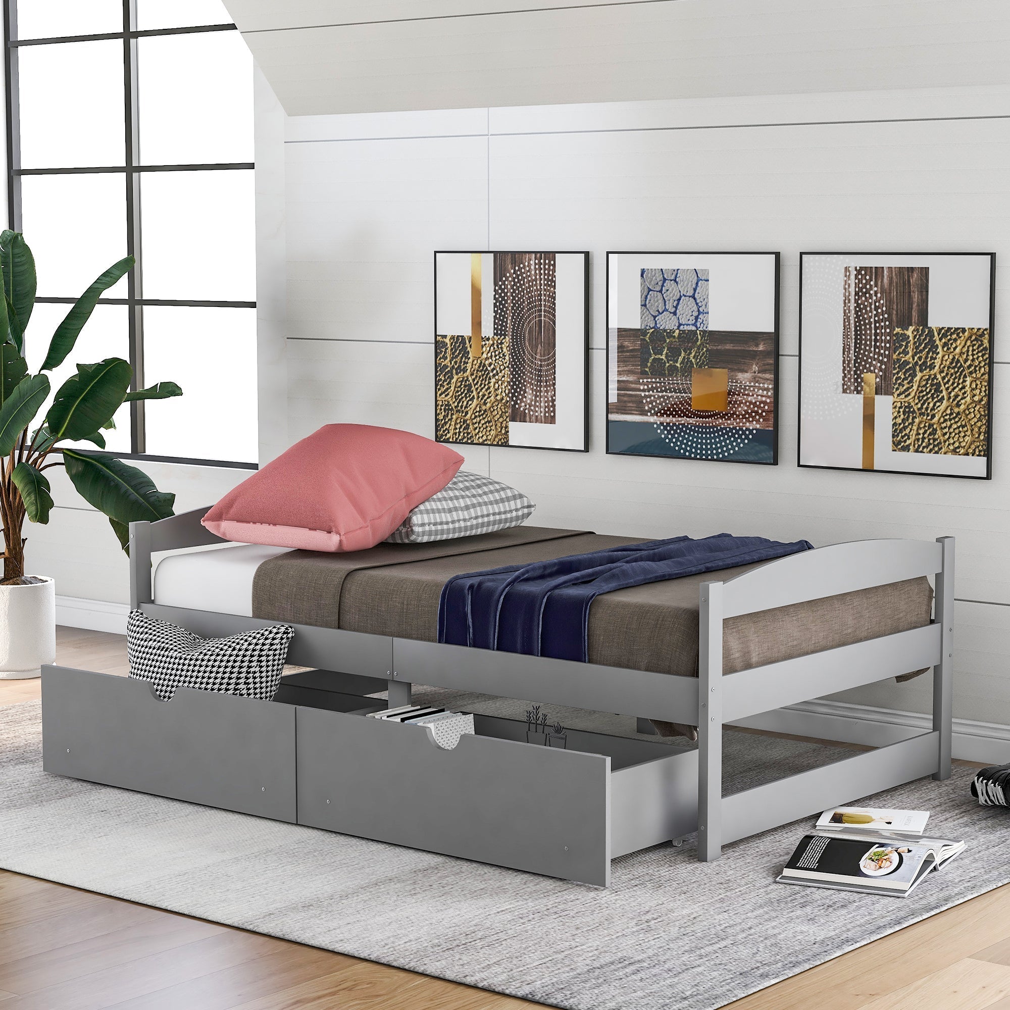 Gray Solid Wood Twin Size Platform Bed with Two Drawers (WF195910AAE) - Direct Wicker
