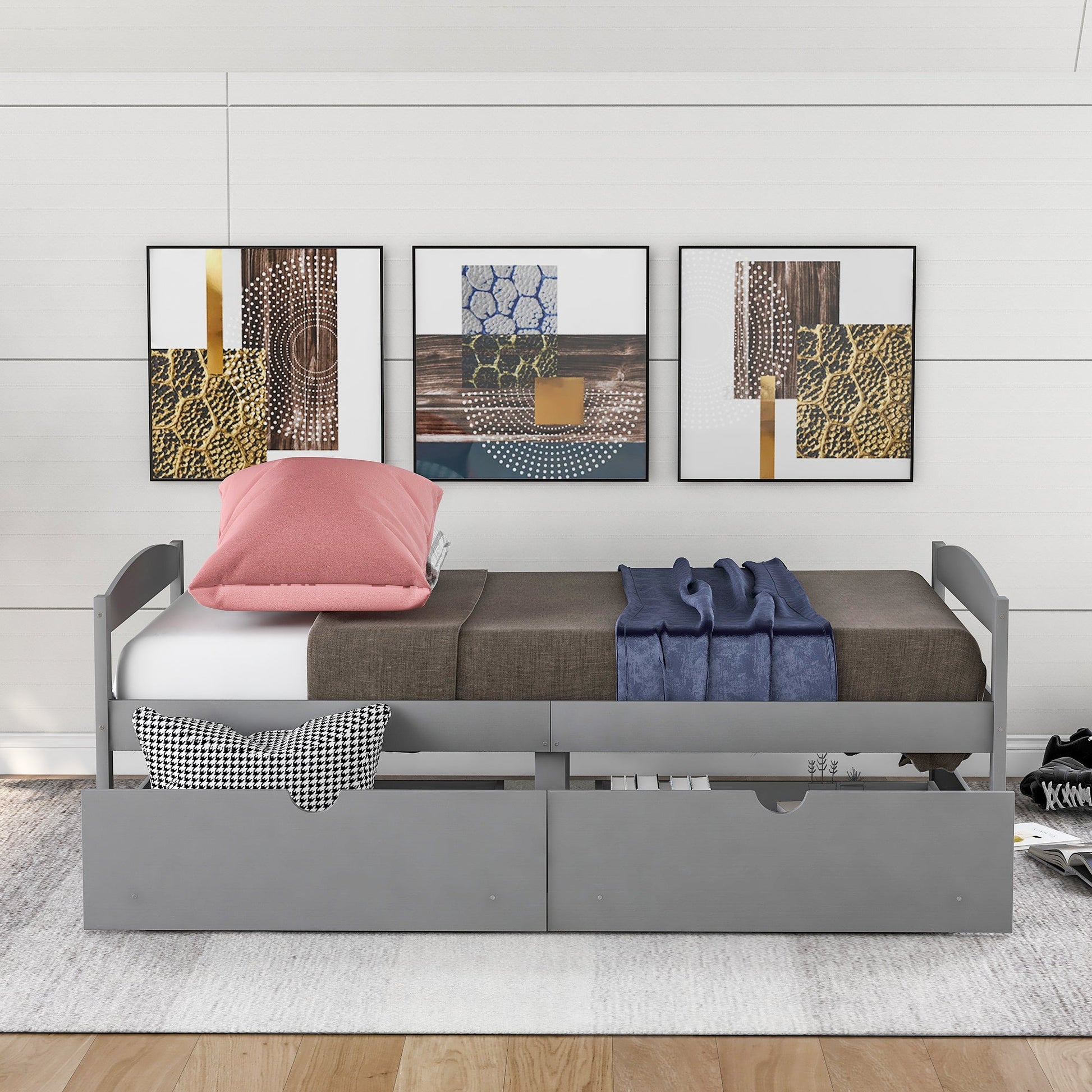 Gray Solid Wood Twin Size Platform Bed with Two Drawers (WF195910AAE) - Direct Wicker