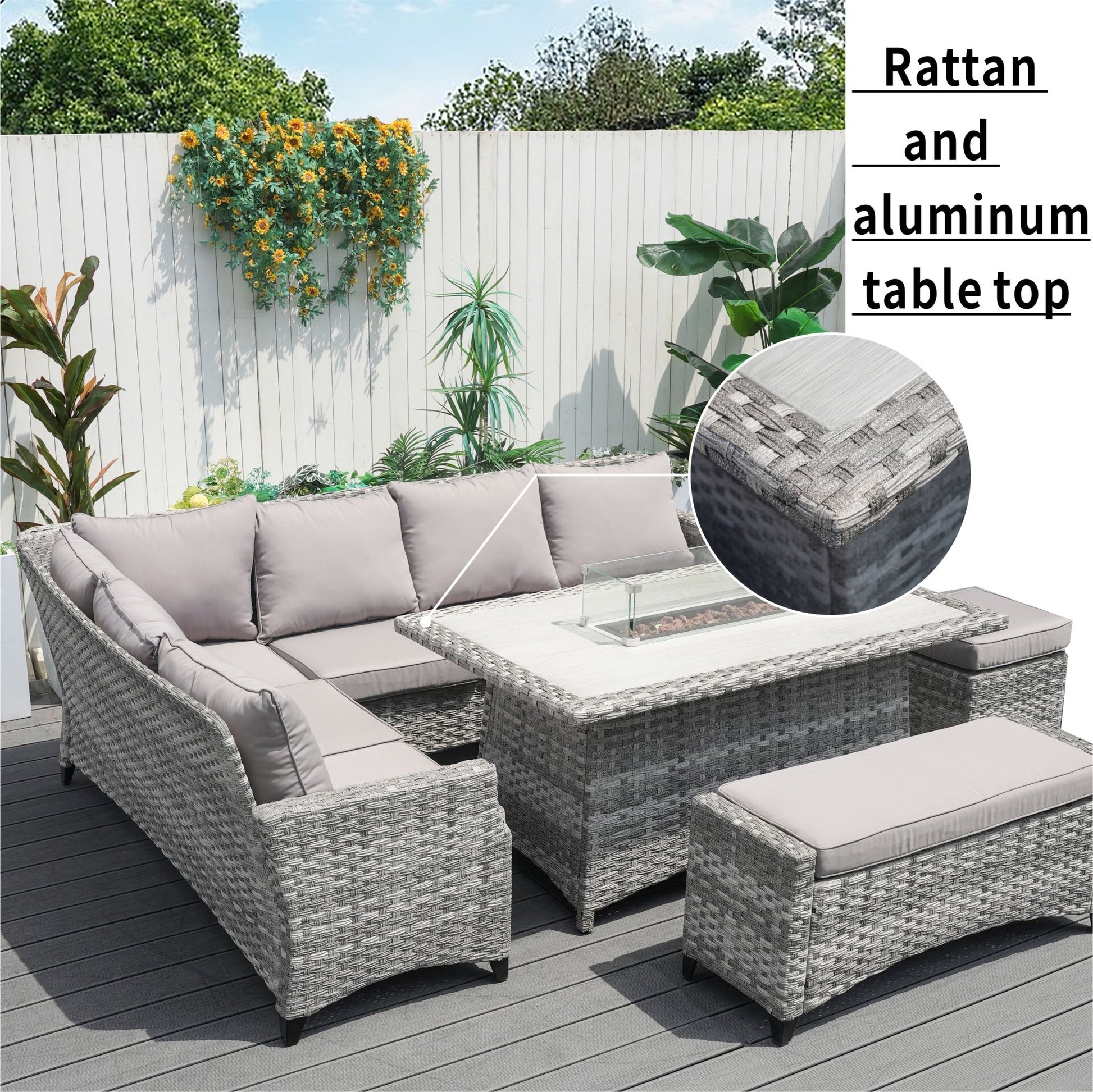 Gray - White Fire Pit Table – Outdoor Patio Coffee Table with Wind Guard and Propane Storage - Direct Wicker