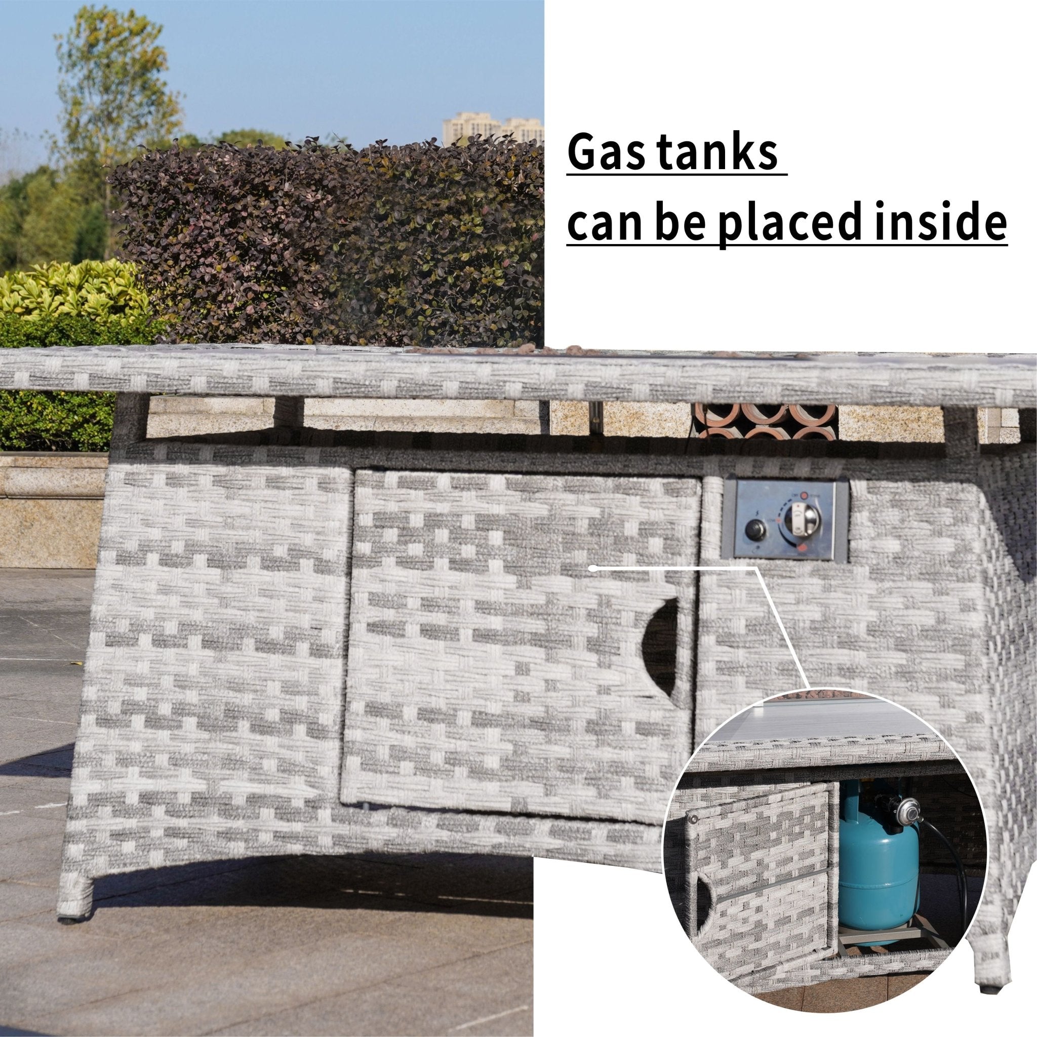Gray - White Fire Pit Table – Outdoor Patio Coffee Table with Wind Guard and Propane Storage - Direct Wicker
