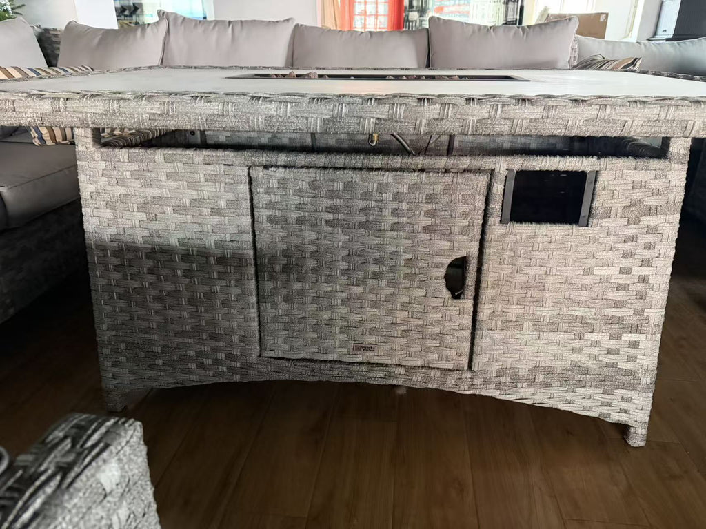 Gray - White Fire Pit Table – Outdoor Patio Coffee Table with Wind Guard and Propane Storage - Direct Wicker