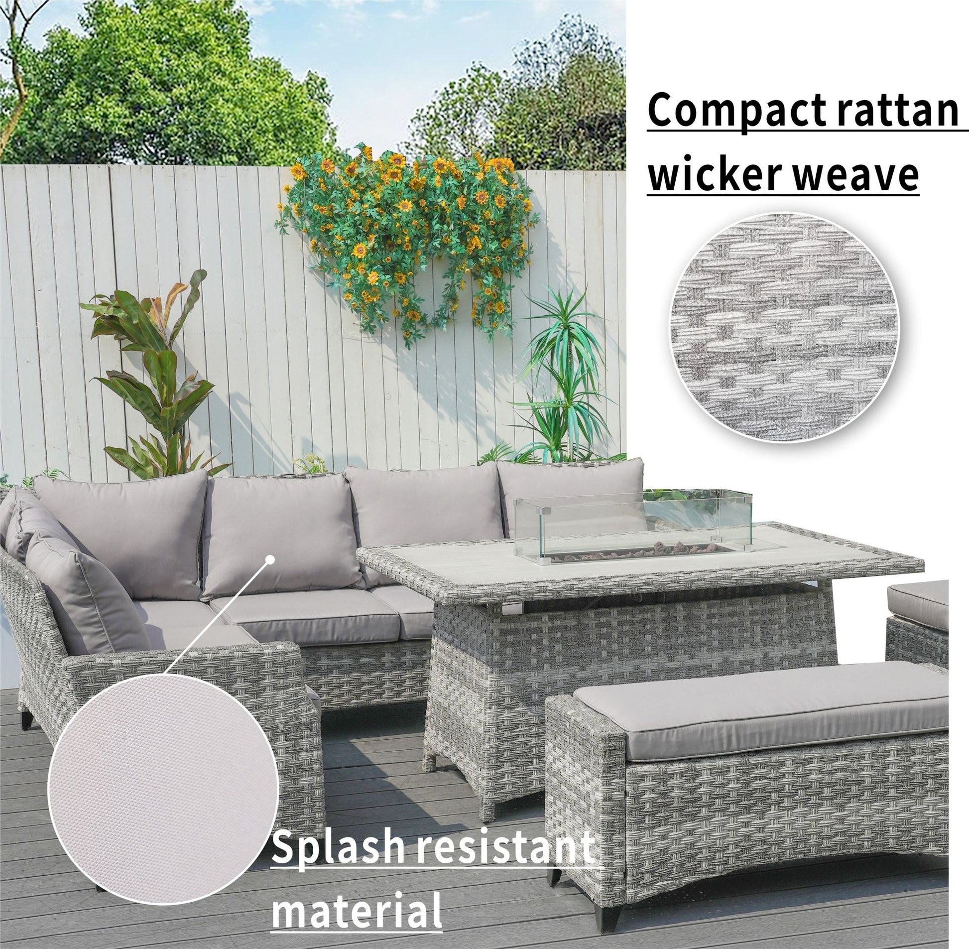 Gray - White Fire Pit Table – Outdoor Patio Coffee Table with Wind Guard and Propane Storage - Direct Wicker