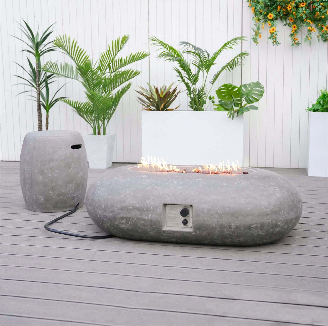 Grey Oval Cement Firepit Table with Gas Cylinder Cover (PAG - 24912) - Direct Wicker