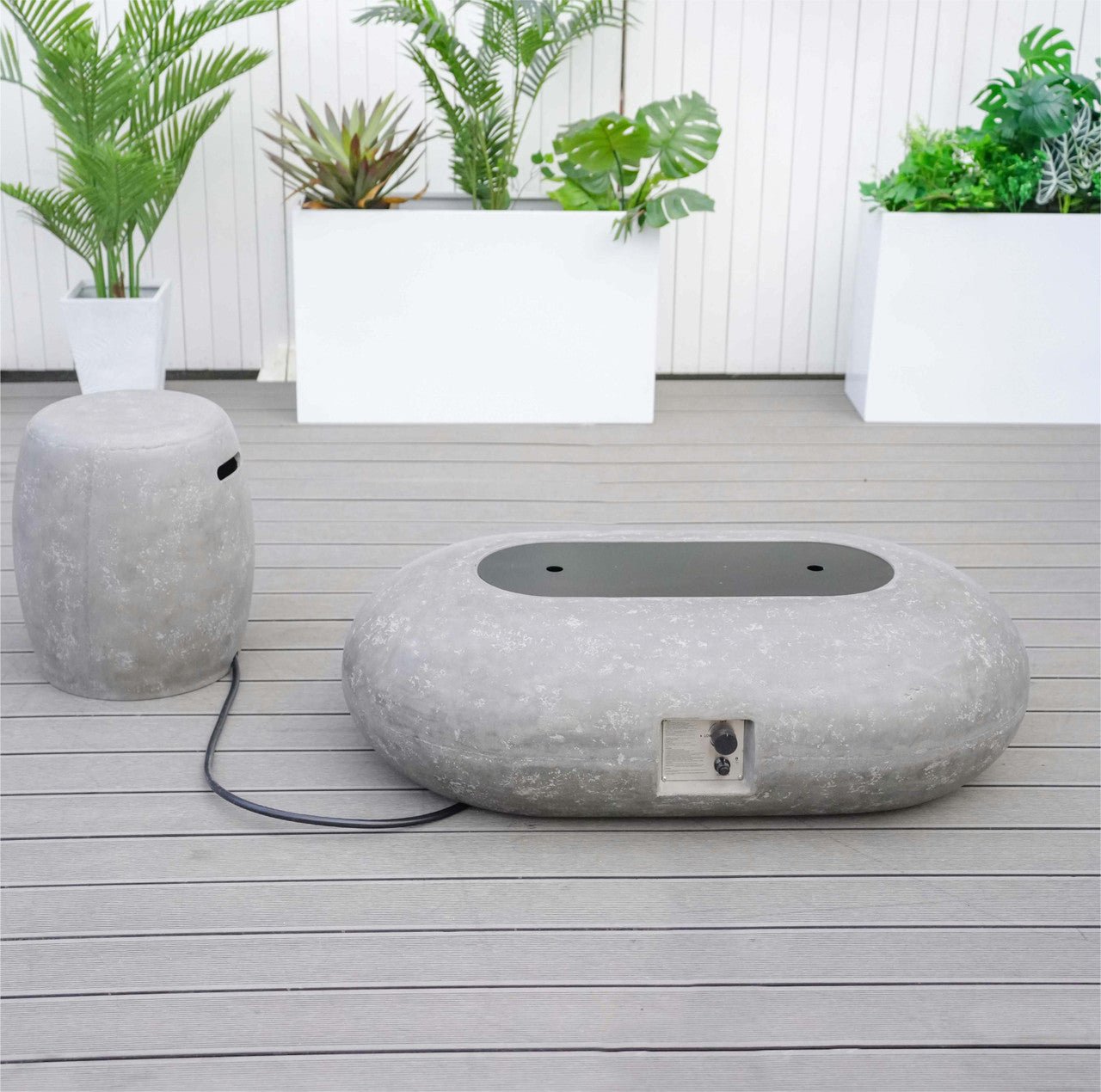 Grey Oval Cement Firepit Table with Gas Cylinder Cover (PAG - 24912) - Direct Wicker