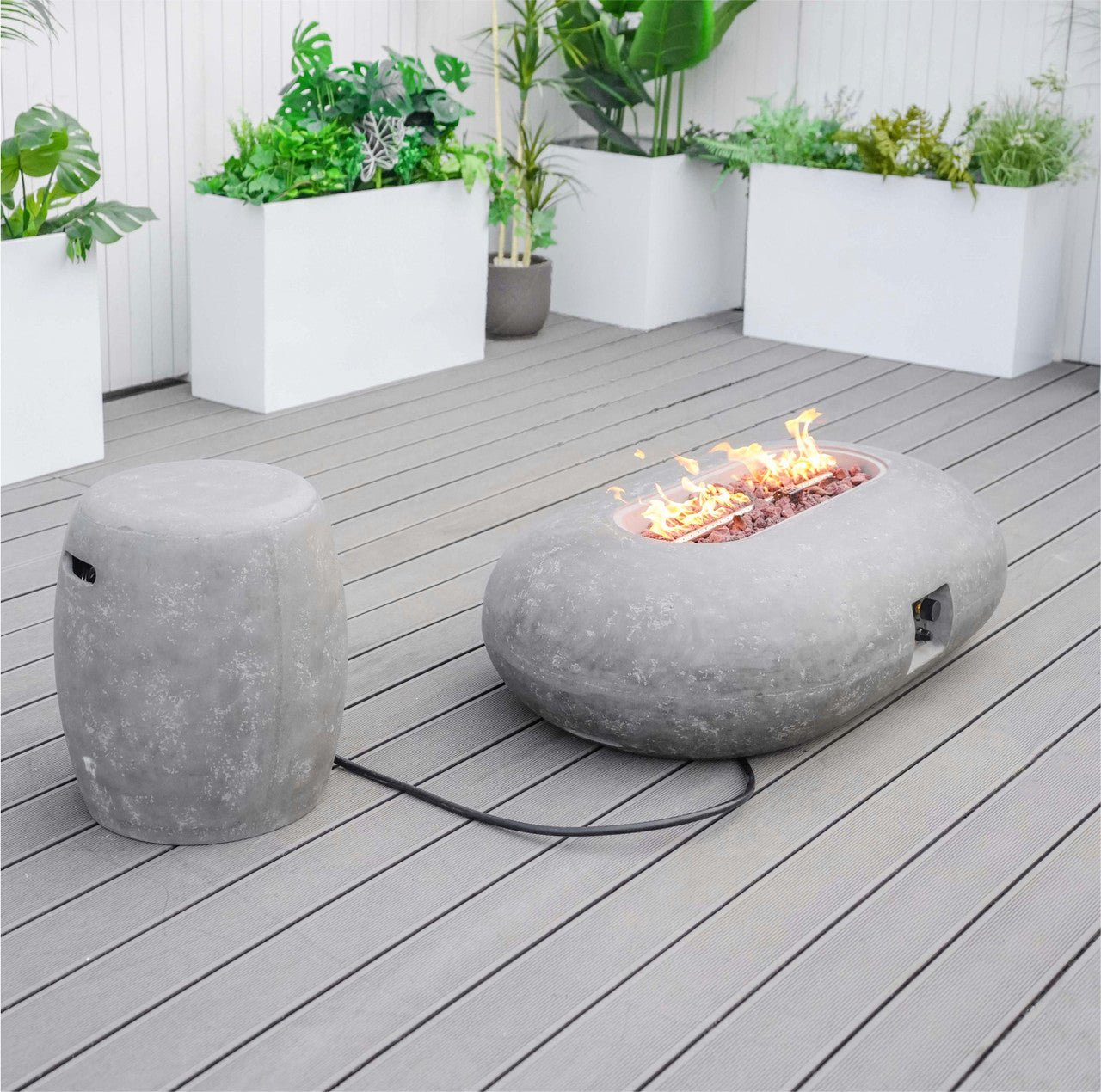Grey Oval Cement Firepit Table with Gas Cylinder Cover (PAG - 24912) - Direct Wicker