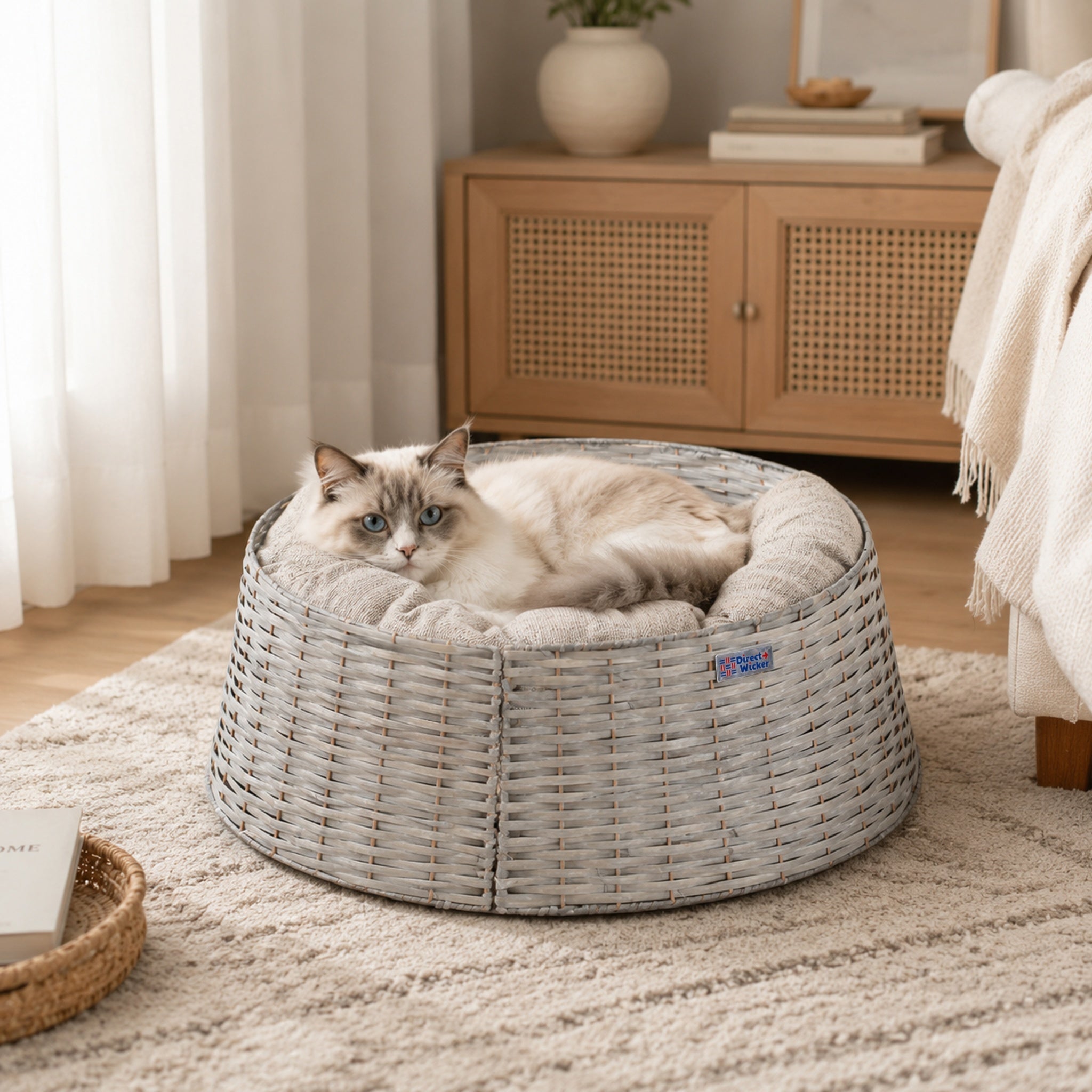 Handwoven Wicker Cat Bed - Round Pet Basket with Plush Cushion, Cat Furniture for Cats & Small Dogs - Direct Wicker