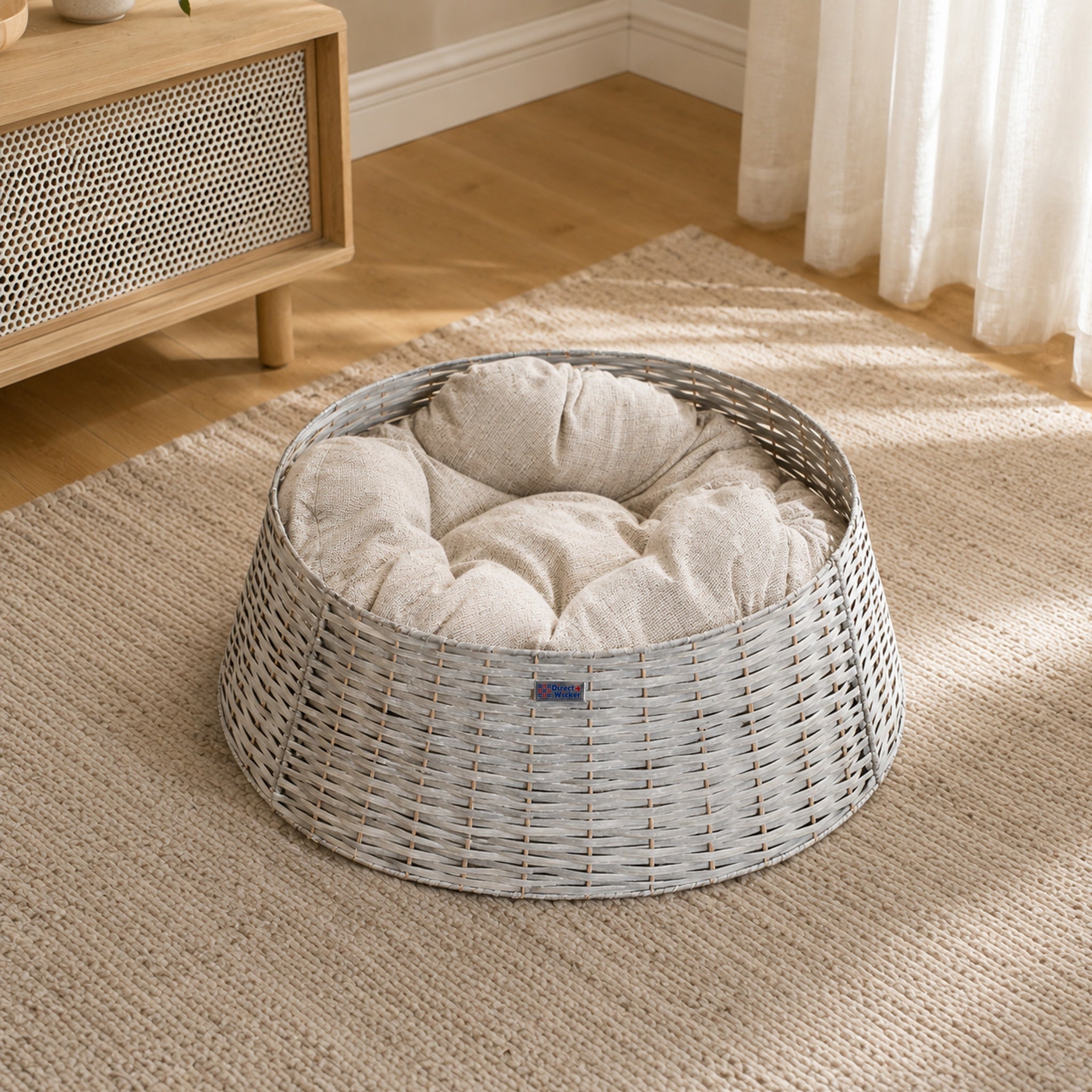 Handwoven Wicker Cat Bed - Round Pet Basket with Plush Cushion, Cat Furniture for Cats & Small Dogs - Direct Wicker