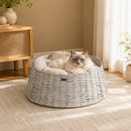Handwoven Wicker Cat Bed - Round Pet Basket with Plush Cushion, Cat Furniture for Cats & Small Dogs - Direct Wicker