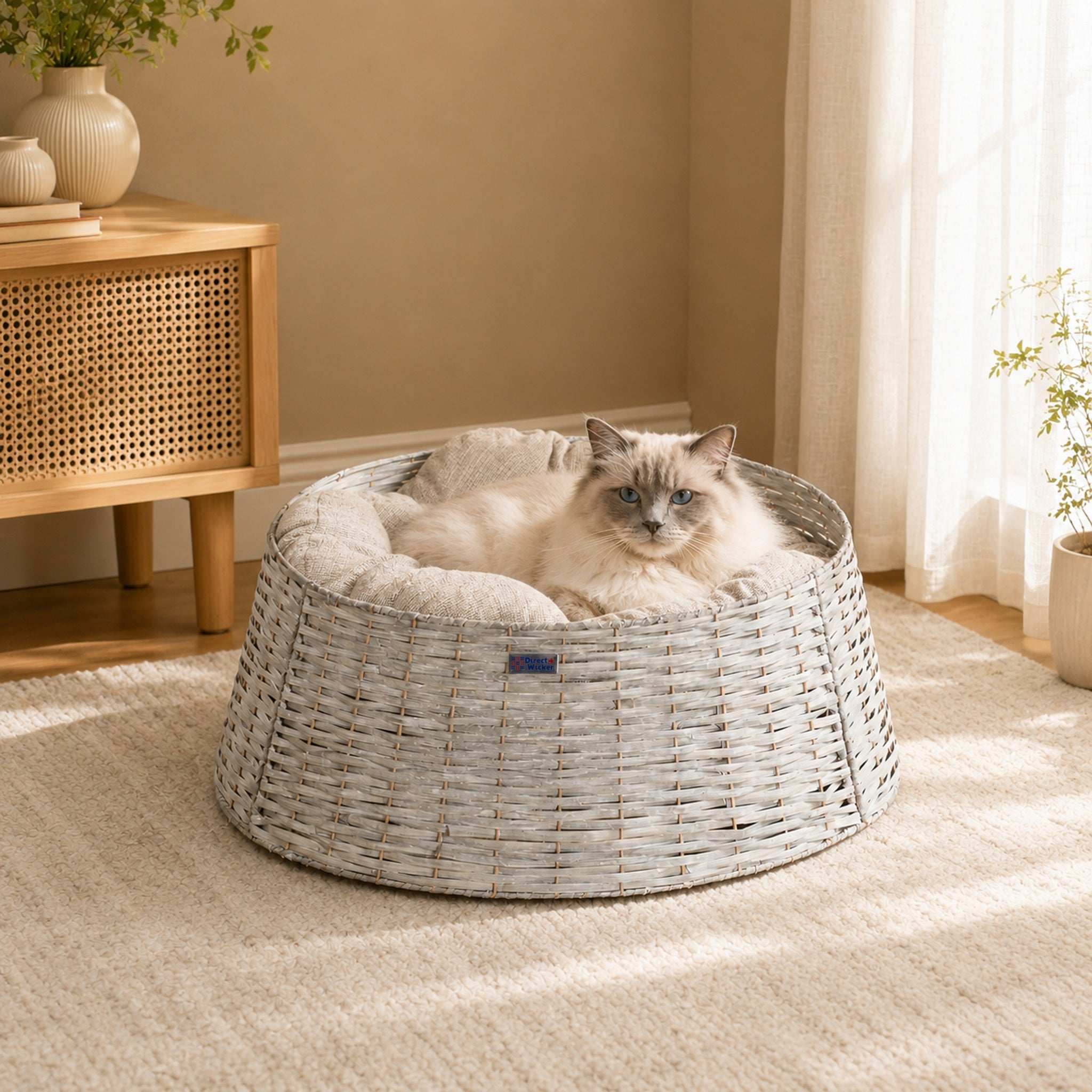 Handwoven Wicker Cat Bed - Round Pet Basket with Plush Cushion, Cat Furniture for Cats & Small Dogs - Direct Wicker