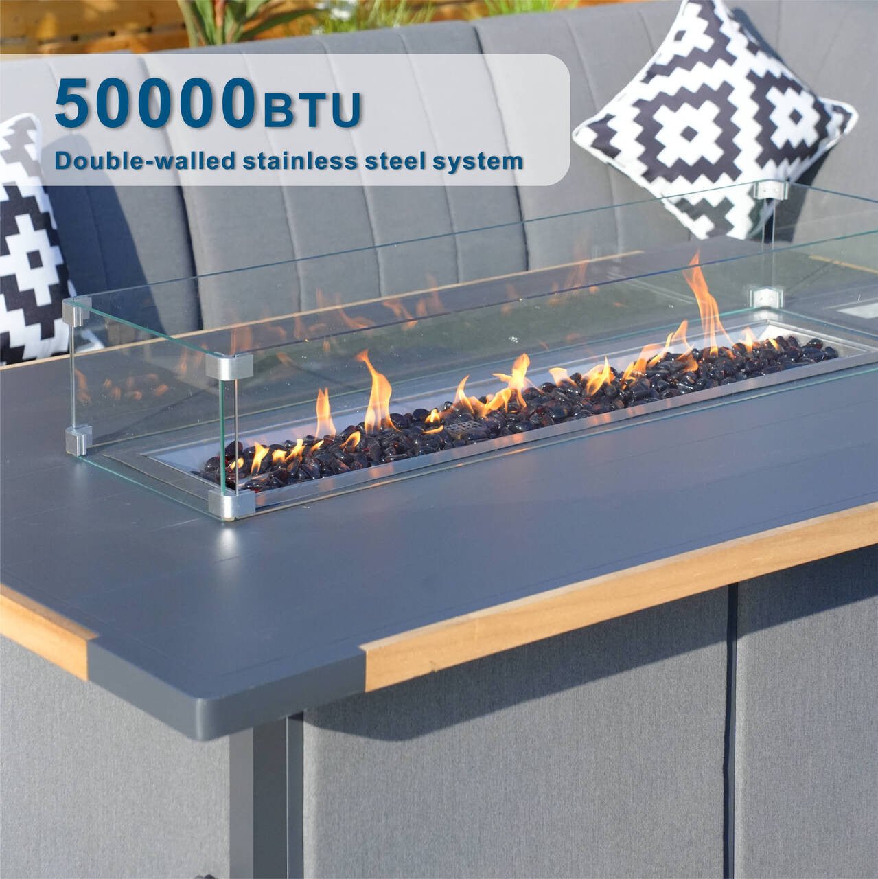 High grade powder paint teak inlaid stove table for indoor and outdoor use (PAG - 2338) - Direct Wicker
