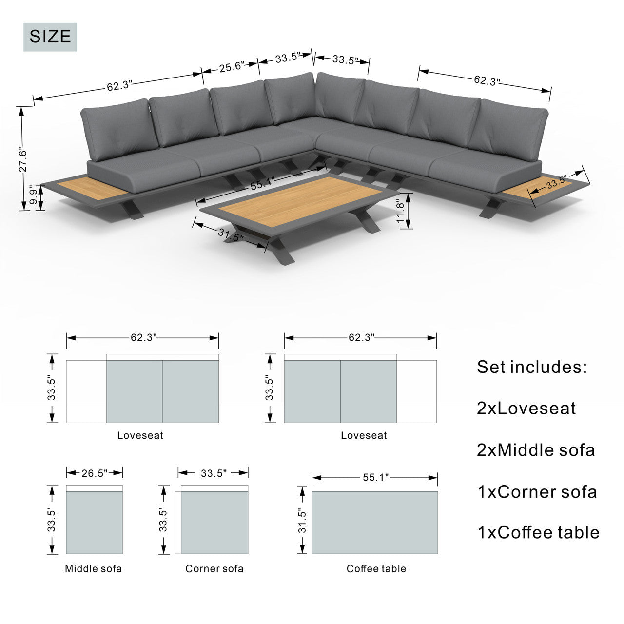 High - grade teak handrails aluminum dew pipe sofa garden set (PAS - 2323) - Direct Wicker