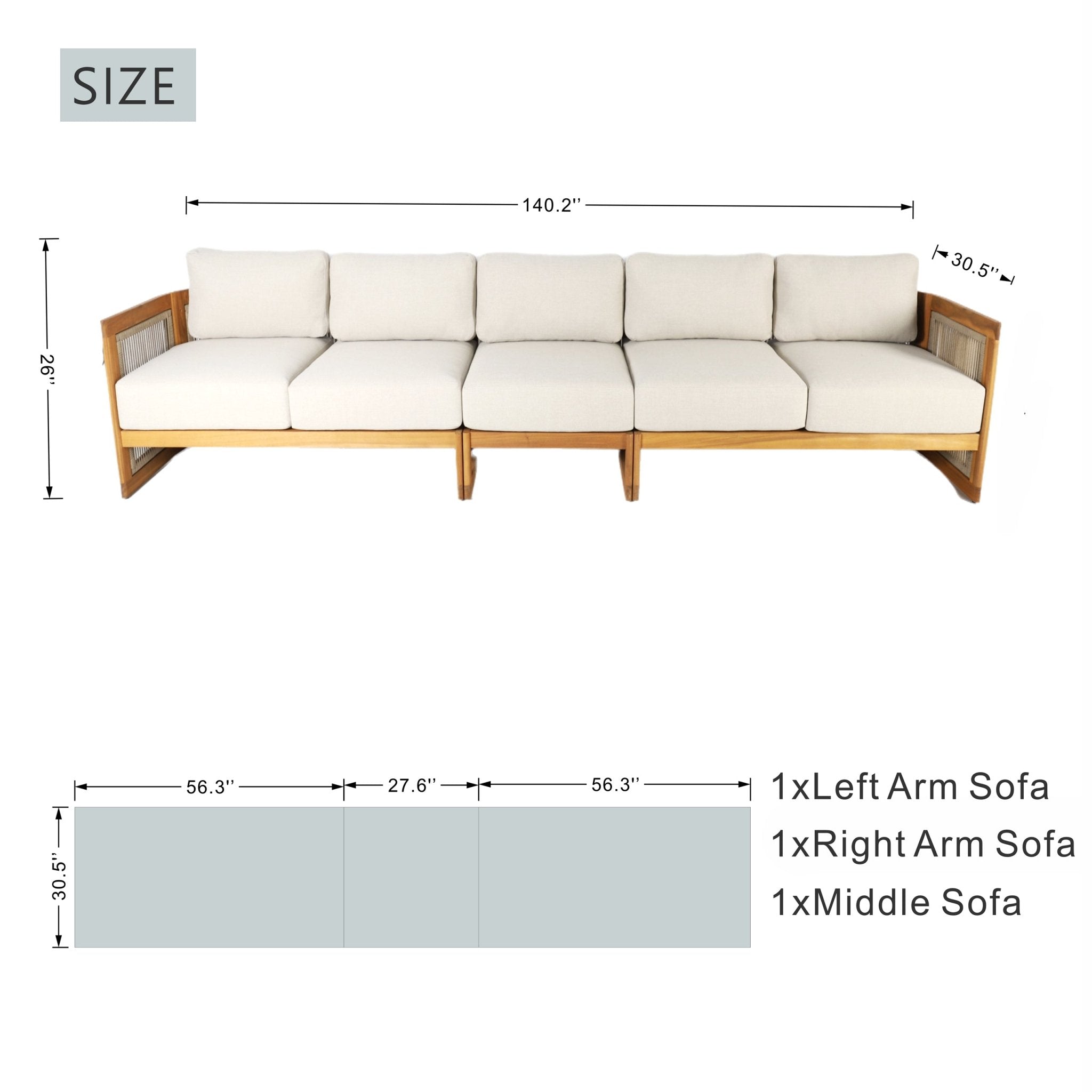 I - Shape 5 - Seat Solid Wood Modular Sofa – Armless Middle with Side Support (PAS - 2516 - LS+MS+RS) - Direct Wicker