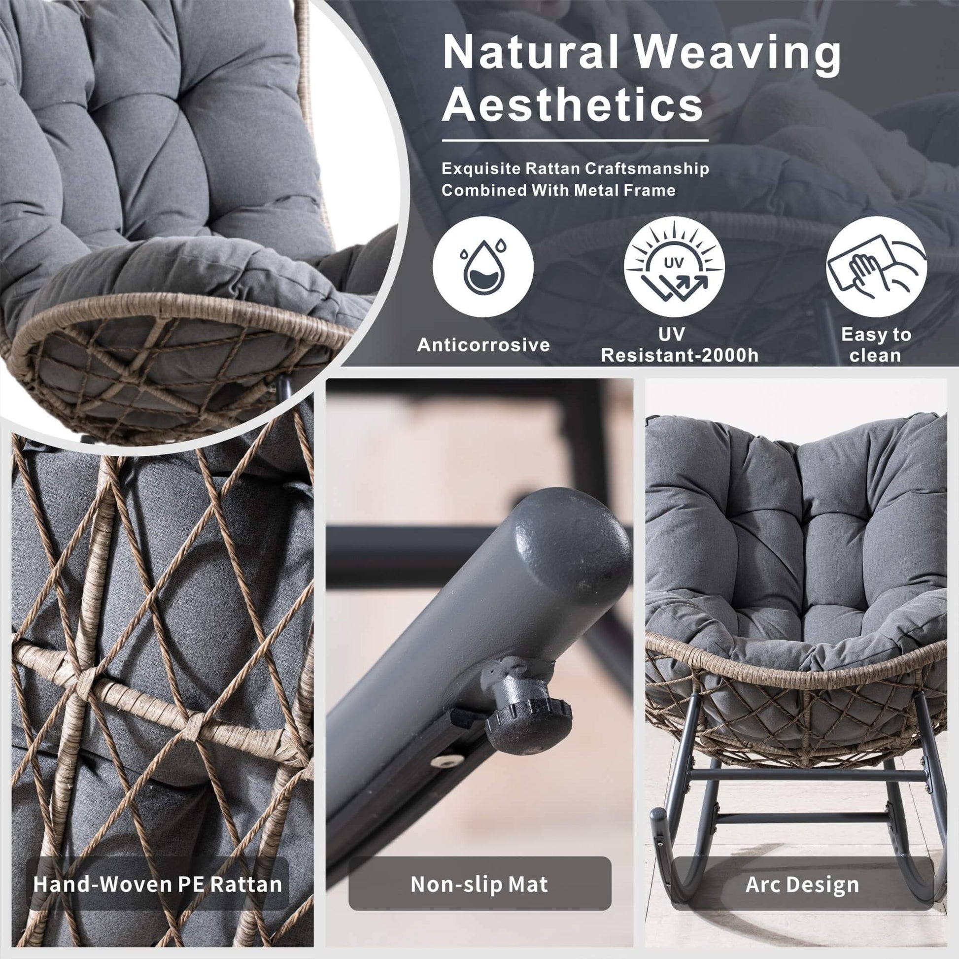 Iron Rocking Chair with Detachable Base and Thickened Cushioned Seat (PAH - 2536 - GR) - Direct Wicker