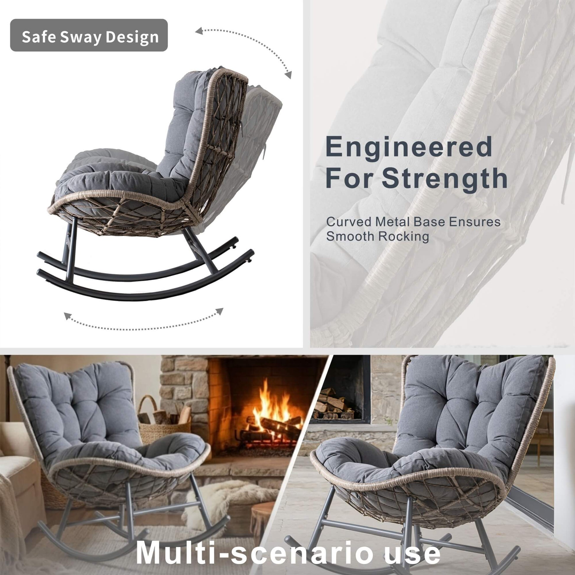 Iron Rocking Chair with Detachable Base and Thickened Cushioned Seat (PAH - 2536 - GR) - Direct Wicker