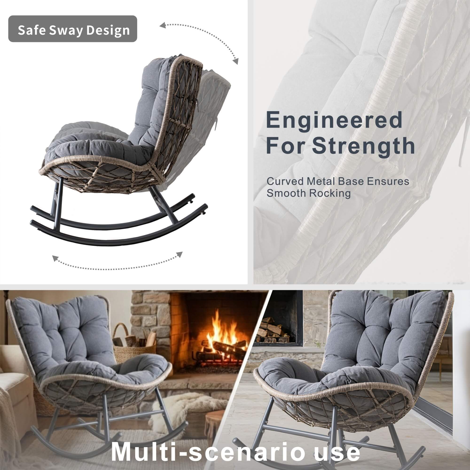 Iron Rocking Chair with Detachable Base and Thickened Cushioned Seat (PAH - 2536 - GR) - Direct Wicker