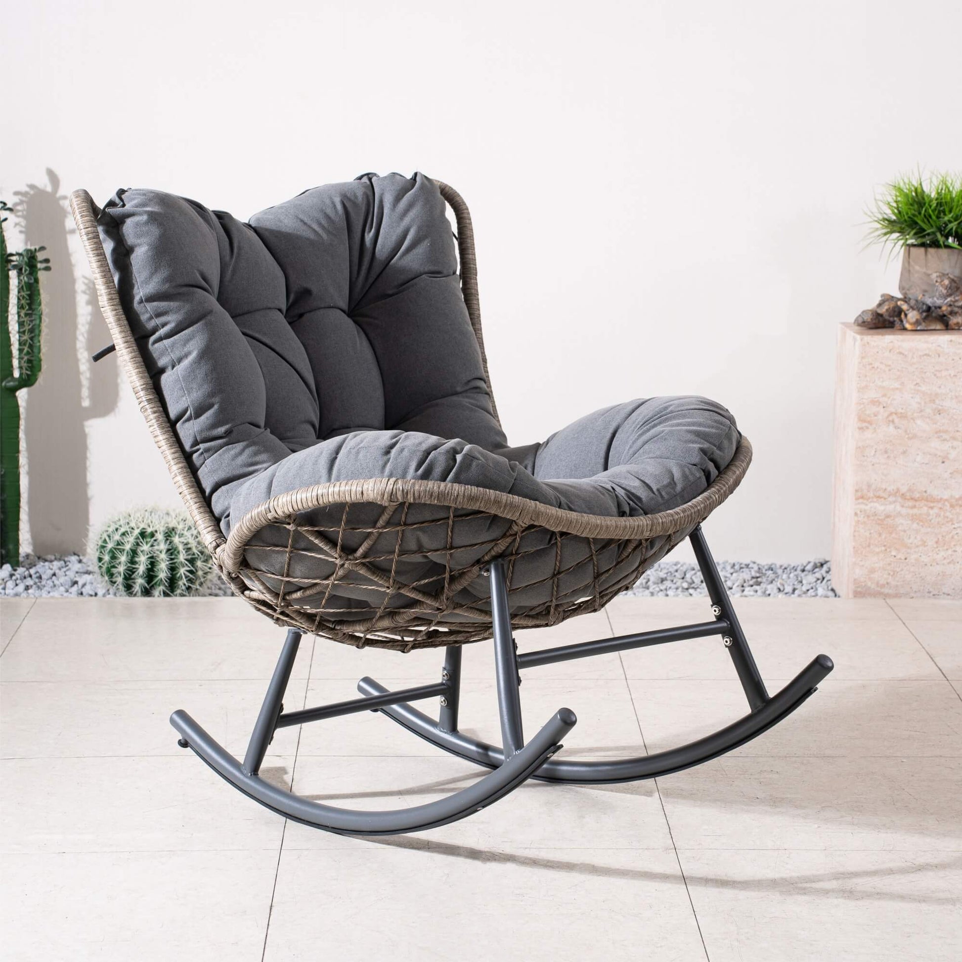 Iron Rocking Chair with Detachable Base and Thickened Cushioned Seat (PAH - 2536 - GR) - Direct Wicker