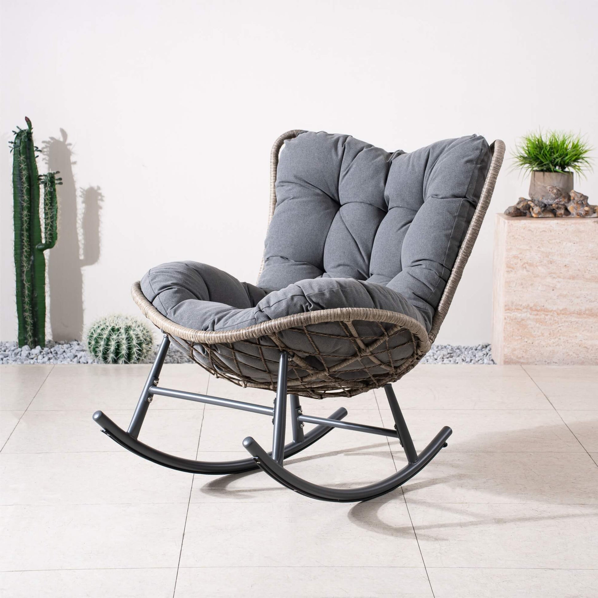 Iron Rocking Chair with Detachable Base and Thickened Cushioned Seat (PAH - 2536 - GR) - Direct Wicker