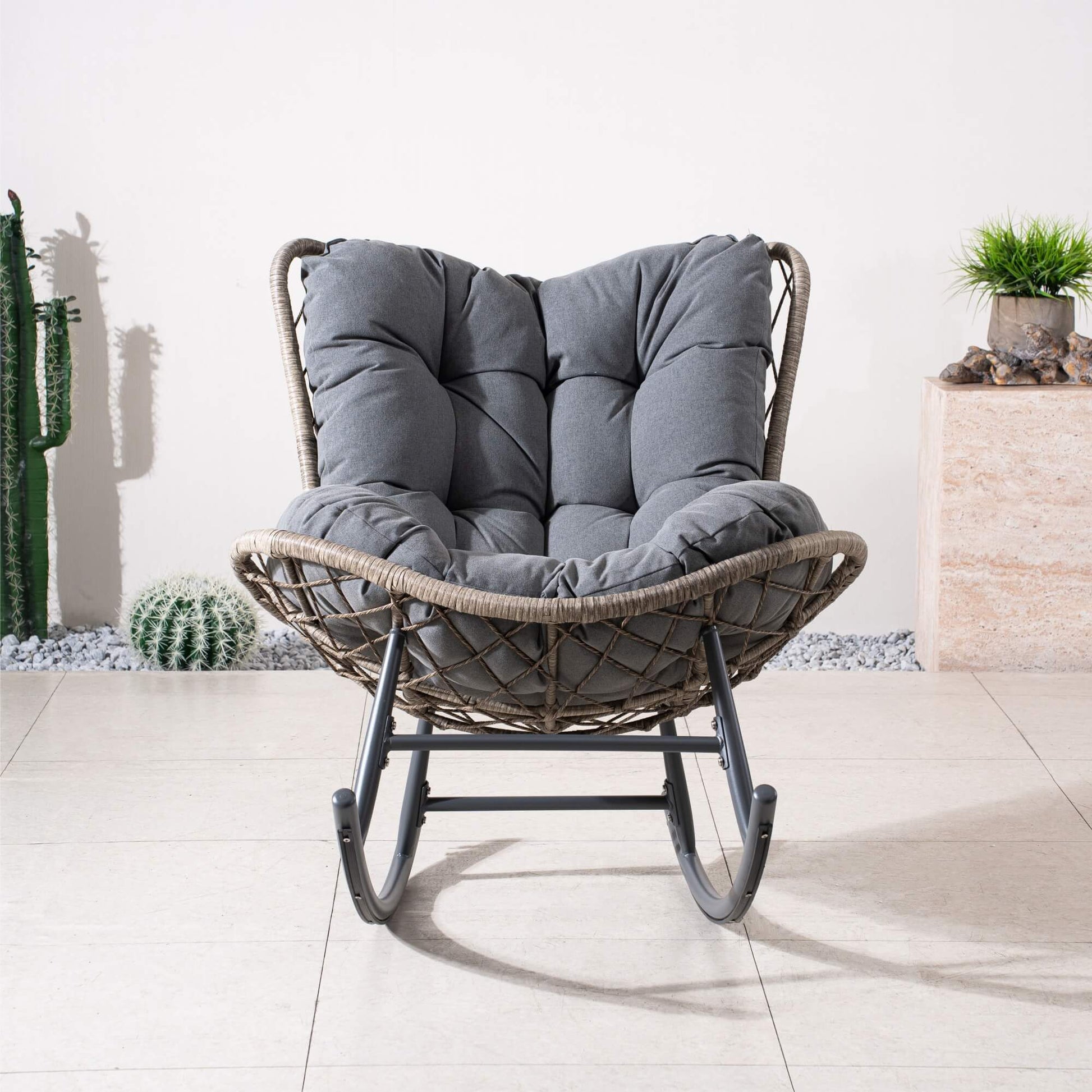 Iron Rocking Chair with Detachable Base and Thickened Cushioned Seat (PAH - 2536 - GR) - Direct Wicker