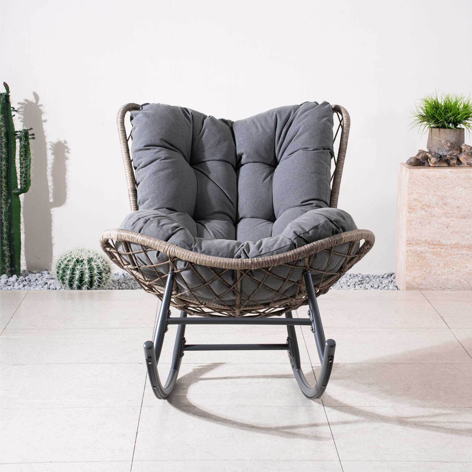 Iron Rocking Chair with Detachable Base and Thickened Cushioned Seat (PAH - 2536 - GR) - Direct Wicker