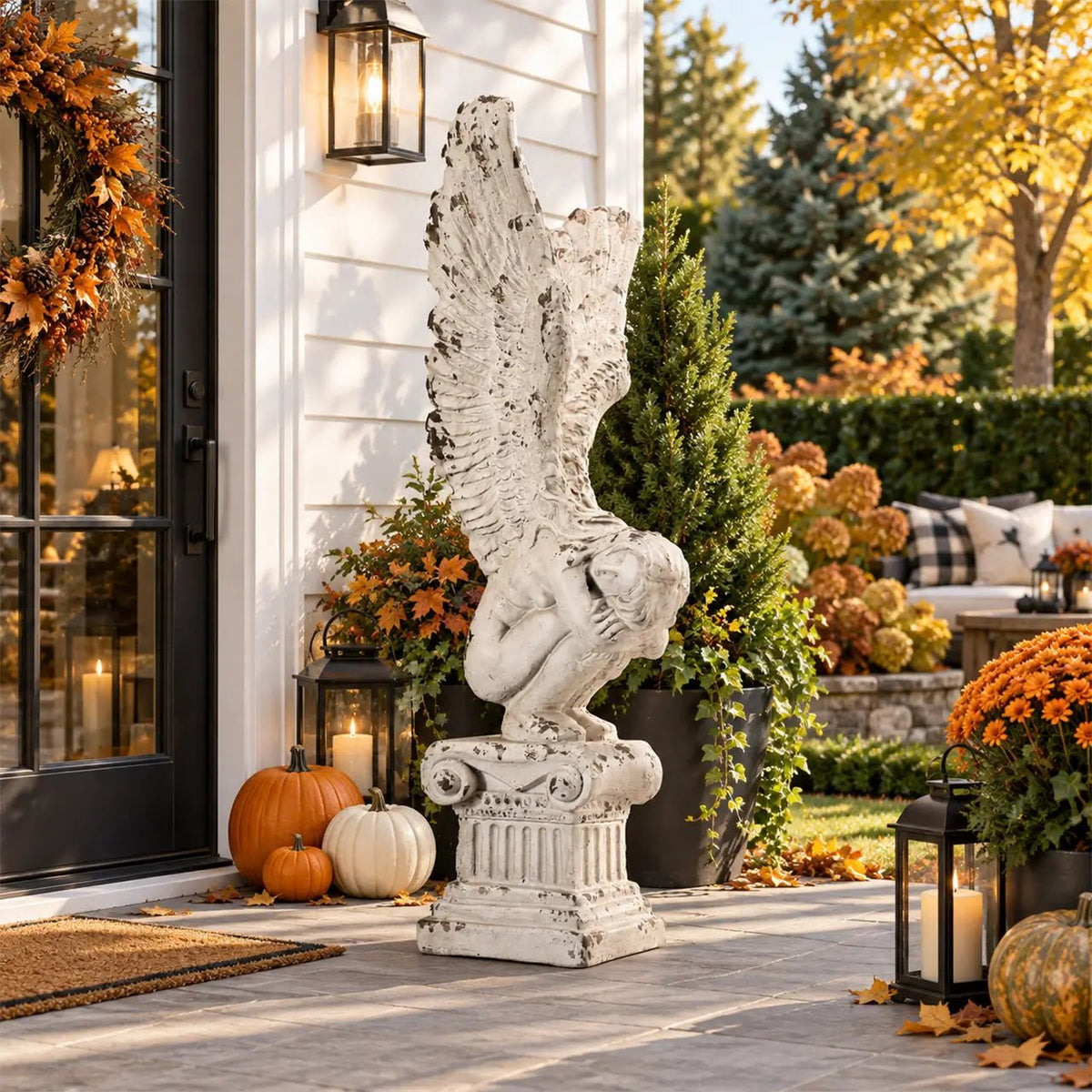 Kneeling Winged Angel on Classical Column Magnesium Oxide Sculpture (GS-2605-WH-QZYY) - Direct Wicker