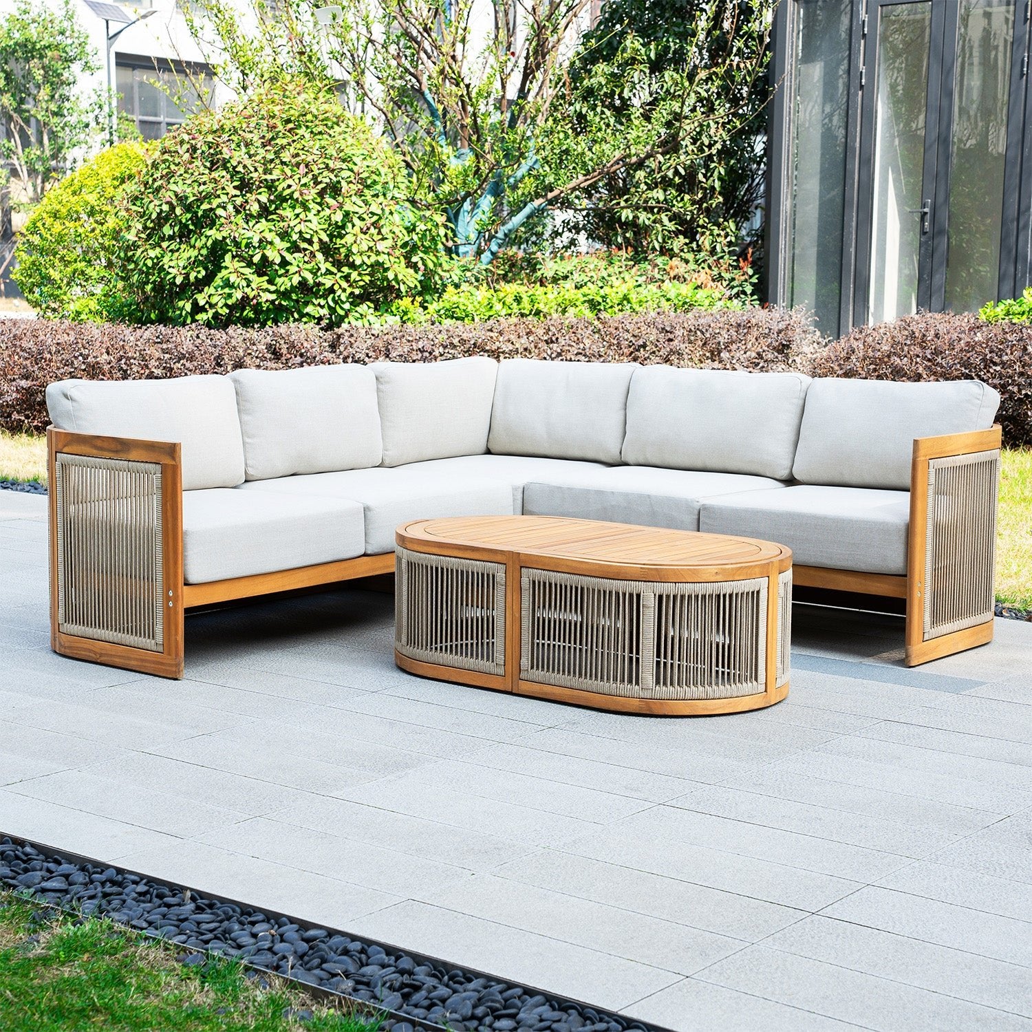 L - Shape 4 - Seat Solid Wood Modular Sofa Set with Oval Coffee Table (PAS - 2516 - LS+CS+RS+OTA) - Direct Wicker