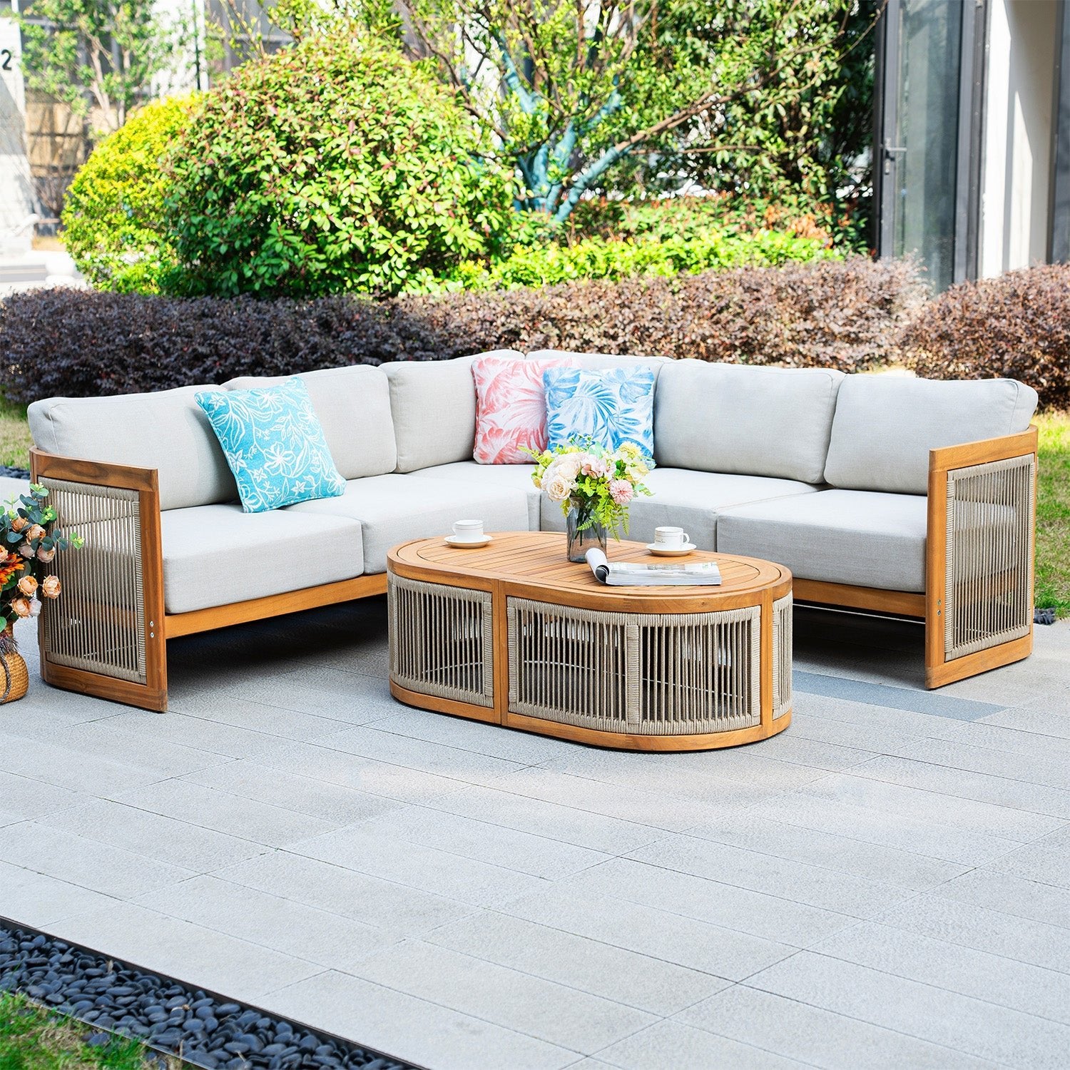 L - Shape 4 - Seat Solid Wood Modular Sofa Set with Oval Coffee Table (PAS - 2516 - LS+CS+RS+OTA) - Direct Wicker